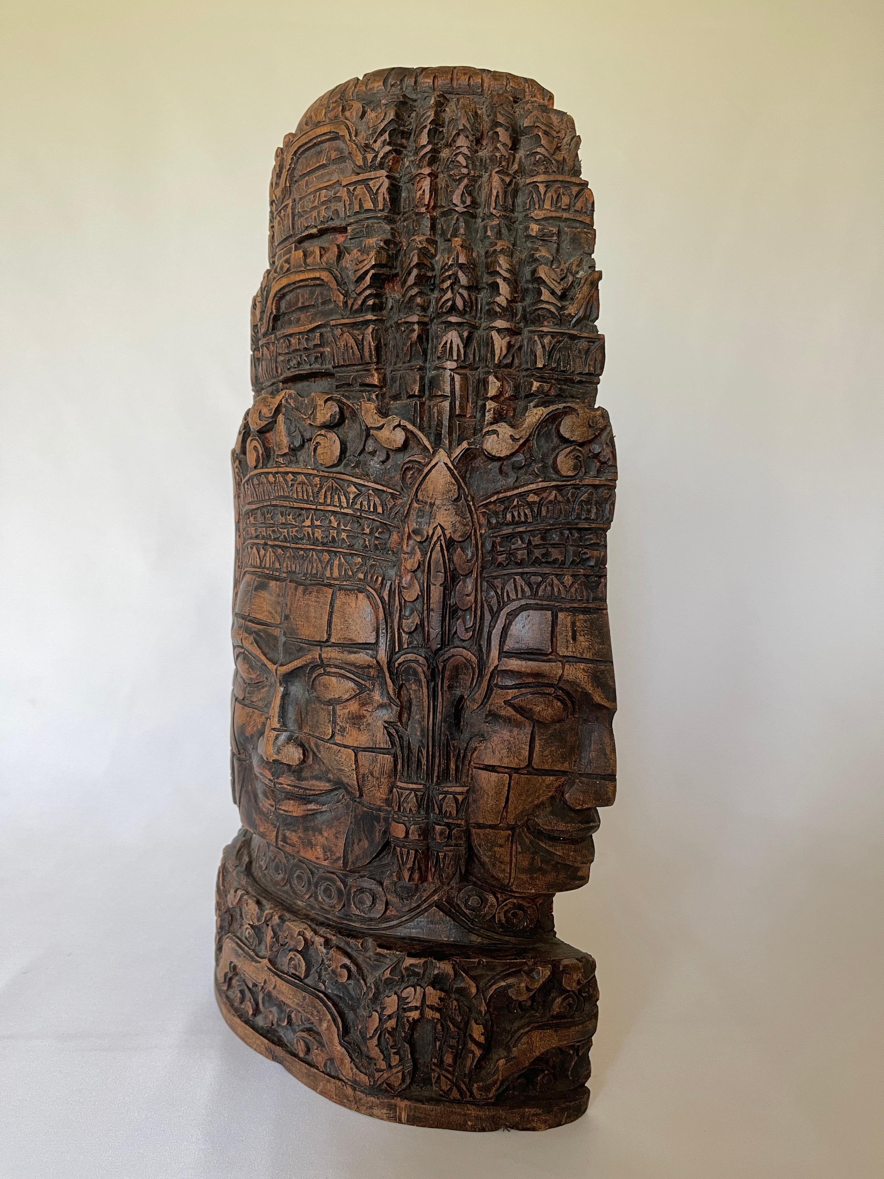 Indian Midcentury Hand Carved Shiva Trimurti Sculpture In Good Condition For Sale In New York, NY