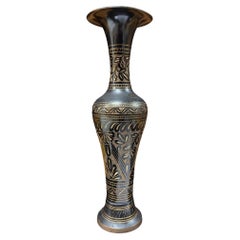 Indian Hand Etched Black Cloisonne Brass Floral Vase