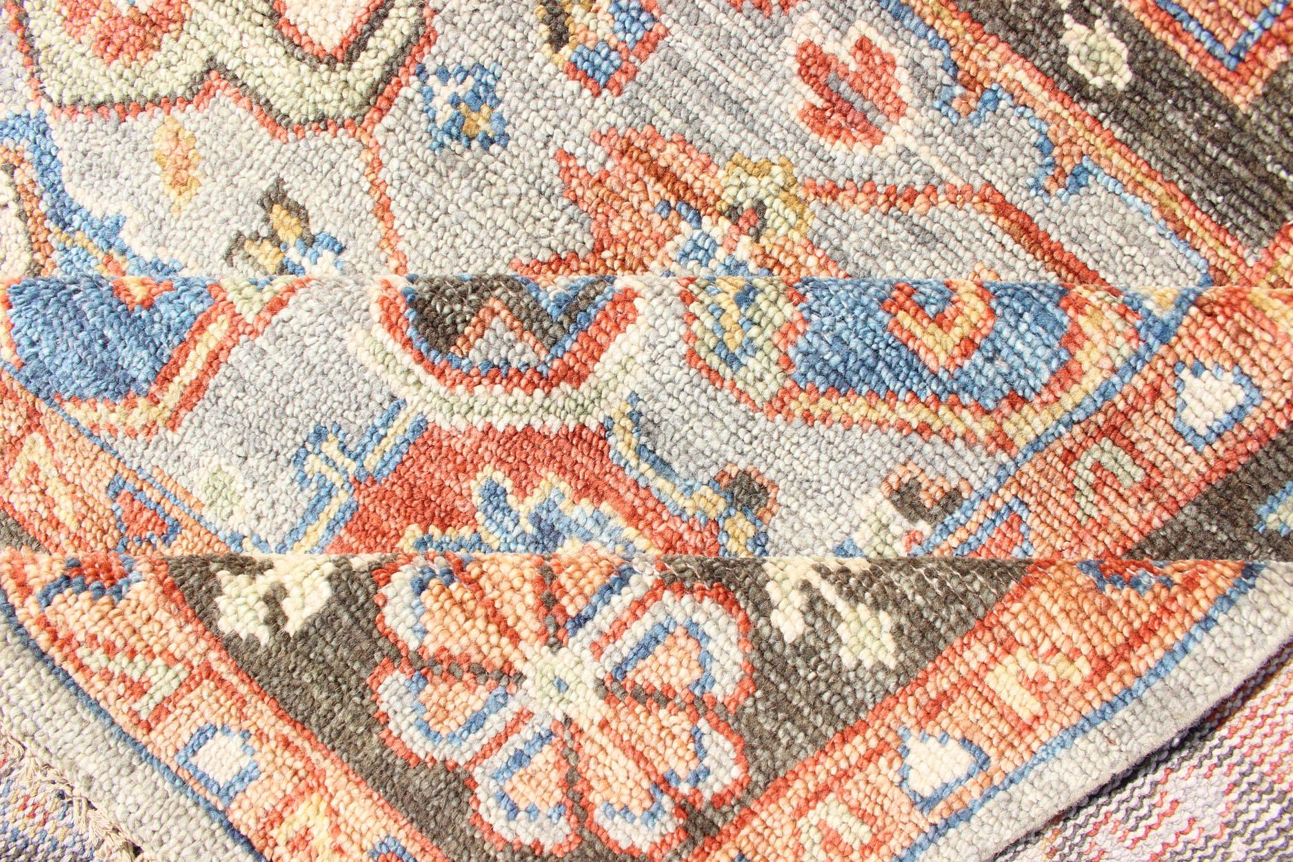 Hand-Knotted Heriz by Keivan Woven Arts in Brown, Ice Blue, Royal Blue & Red For Sale 7