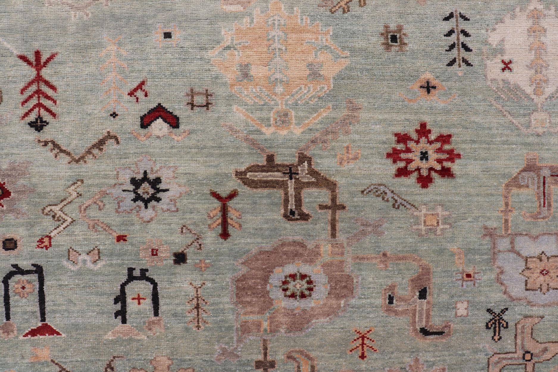 Tapis indien Oushak noué à la main en turquoise, crème et rouge 9'11 x 13'6 en vente 3