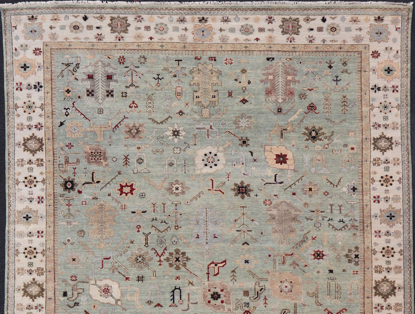 Tapis indien Oushak noué à la main en turquoise, crème et rouge 9'11 x 13'6 en vente 4