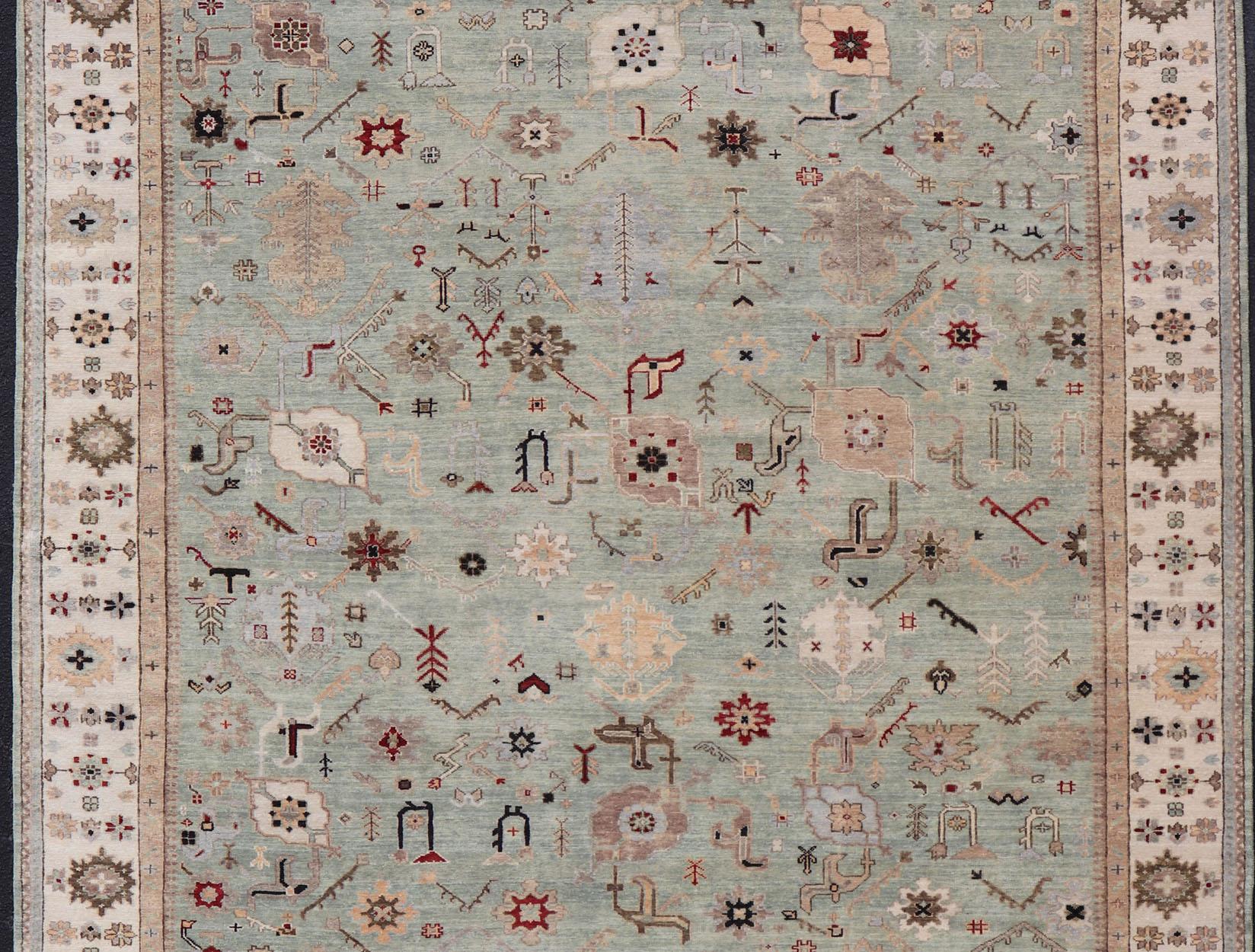 Tapis indien Oushak noué à la main en turquoise, crème et rouge 9'11 x 13'6 en vente 5