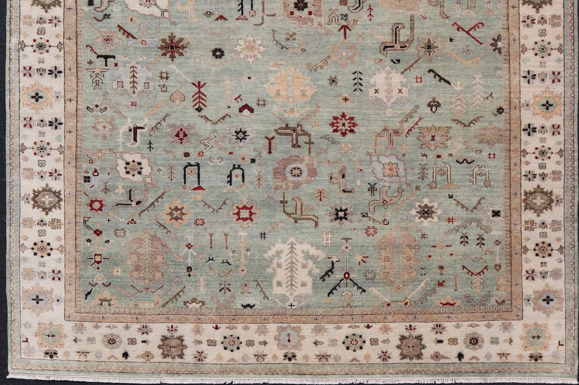 Tapis indien Oushak noué à la main en turquoise, crème et rouge 9'11 x 13'6 en vente 6