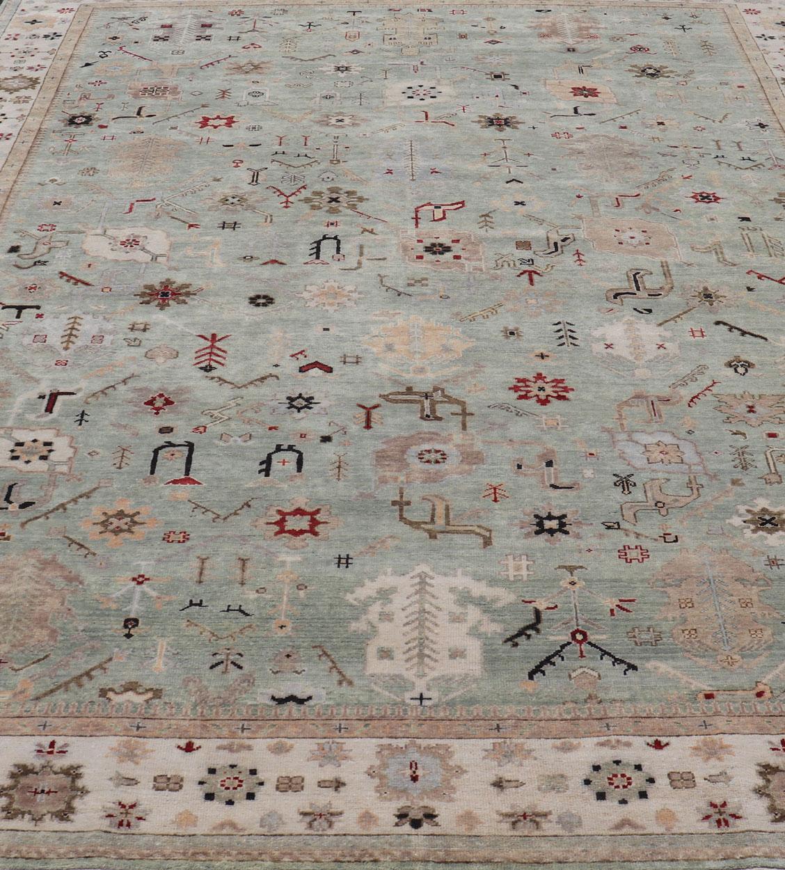 Tapis indien Oushak noué à la main en turquoise, crème et rouge 9'11 x 13'6 en vente 7