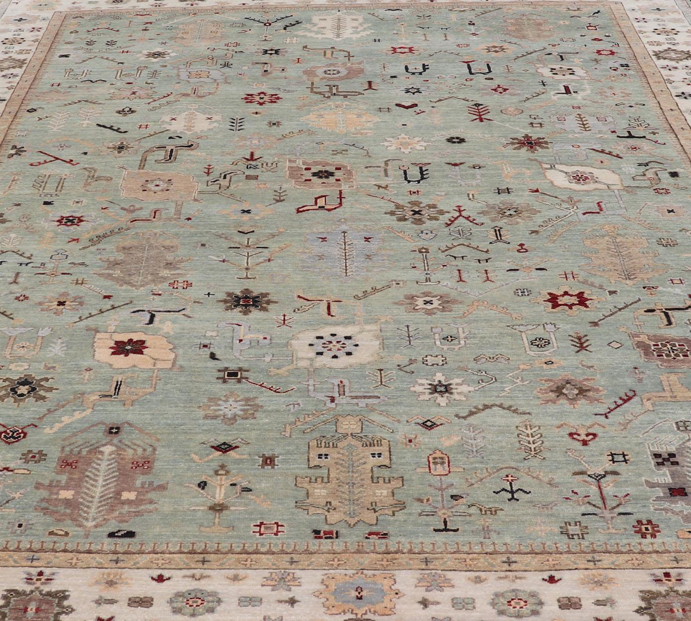 Tapis indien Oushak noué à la main en turquoise, crème et rouge 9'11 x 13'6 en vente 8