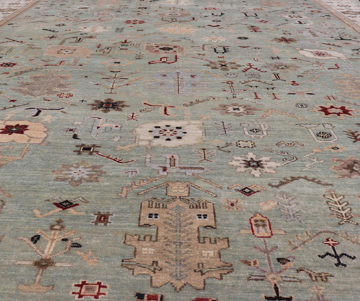 Tapis indien Oushak noué à la main en turquoise, crème et rouge 9'11 x 13'6 en vente 9