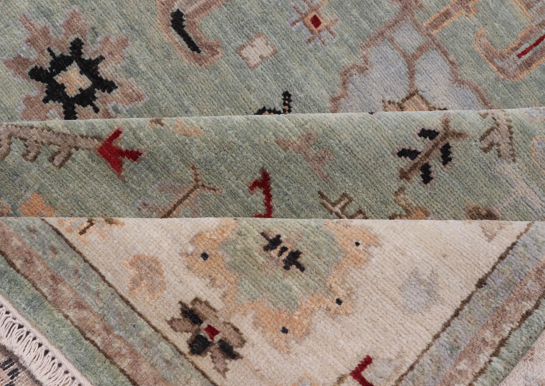 Tapis indien Oushak noué à la main en turquoise, crème et rouge 9'11 x 13'6 en vente 10