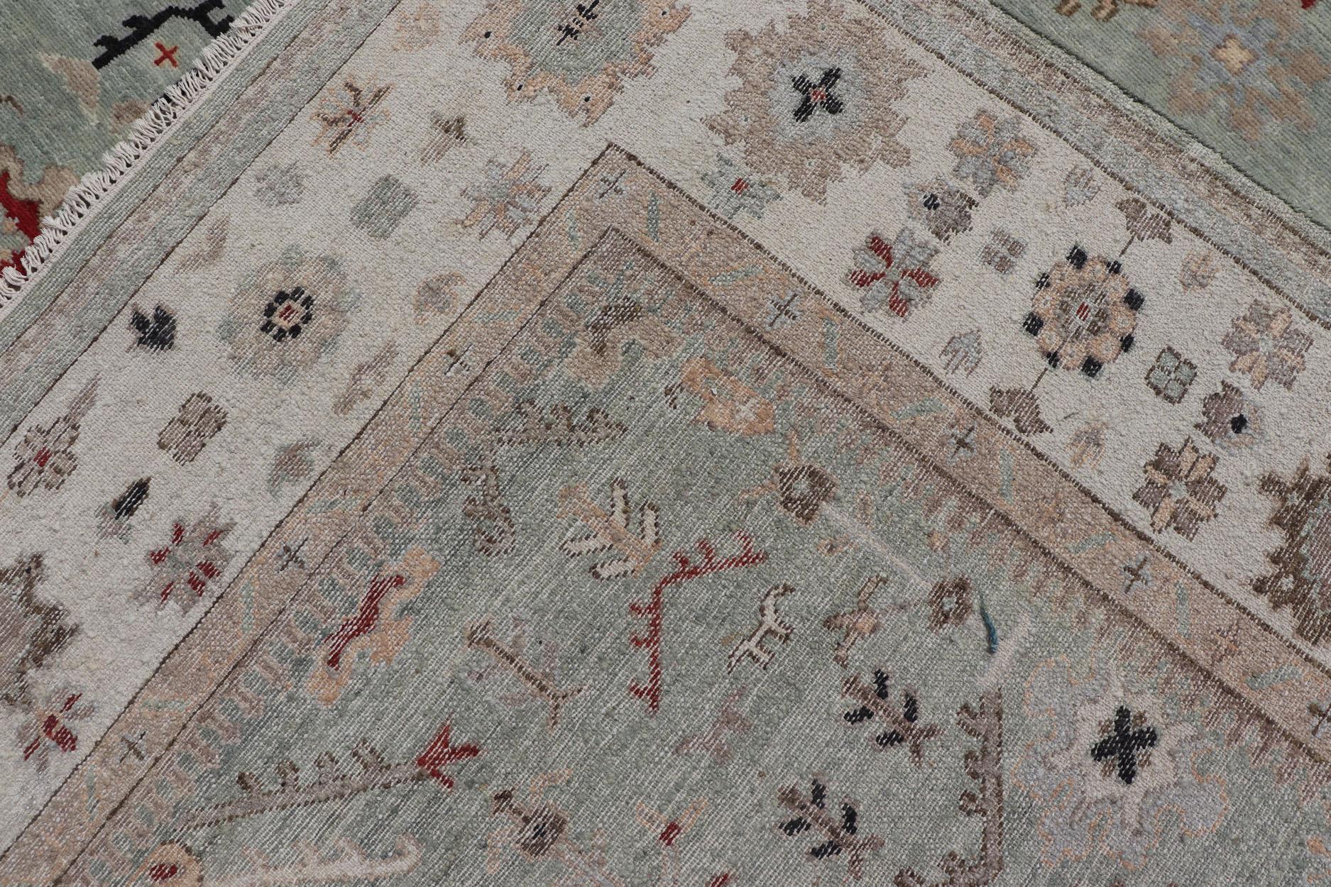 Tapis indien Oushak noué à la main en turquoise, crème et rouge 9'11 x 13'6 en vente 11