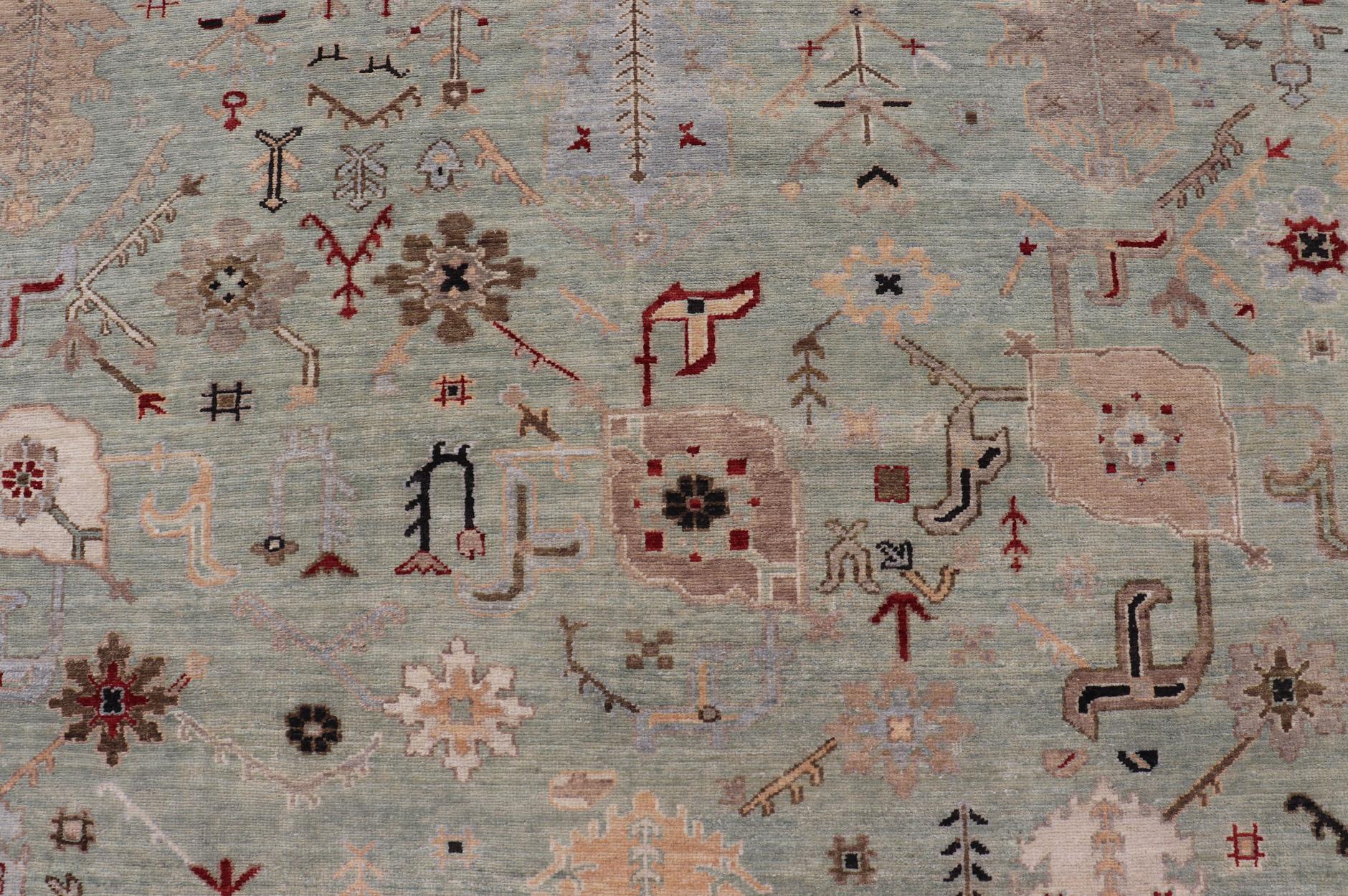 Indien Tapis indien Oushak noué à la main en turquoise, crème et rouge 9'11 x 13'6 en vente