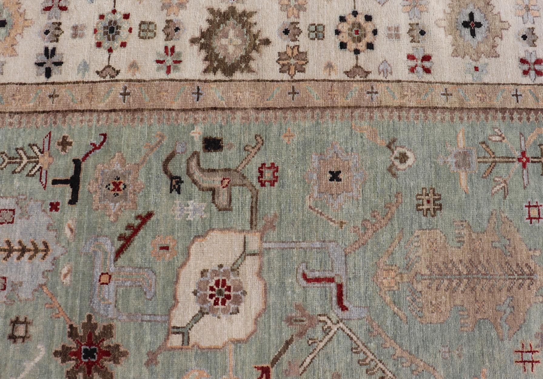 XXIe siècle et contemporain Tapis indien Oushak noué à la main en turquoise, crème et rouge 9'11 x 13'6 en vente