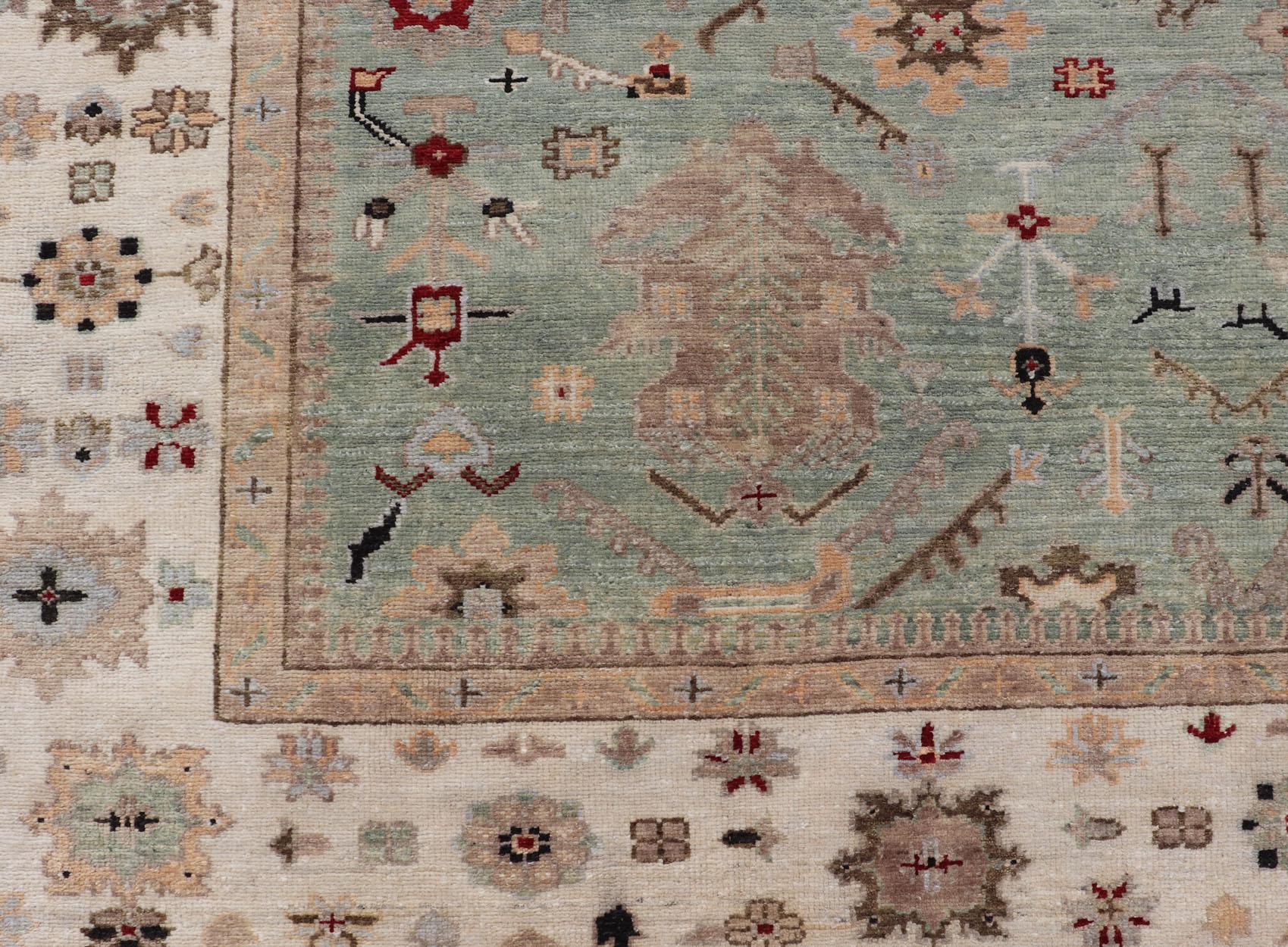 Laine Tapis indien Oushak noué à la main en turquoise, crème et rouge 9'11 x 13'6 en vente