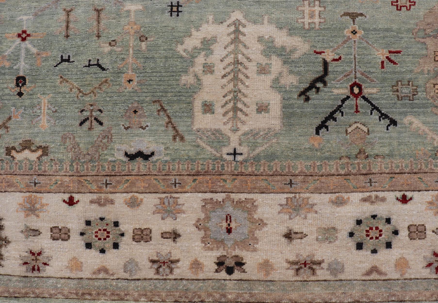 Tapis indien Oushak noué à la main en turquoise, crème et rouge 9'11 x 13'6 en vente 1