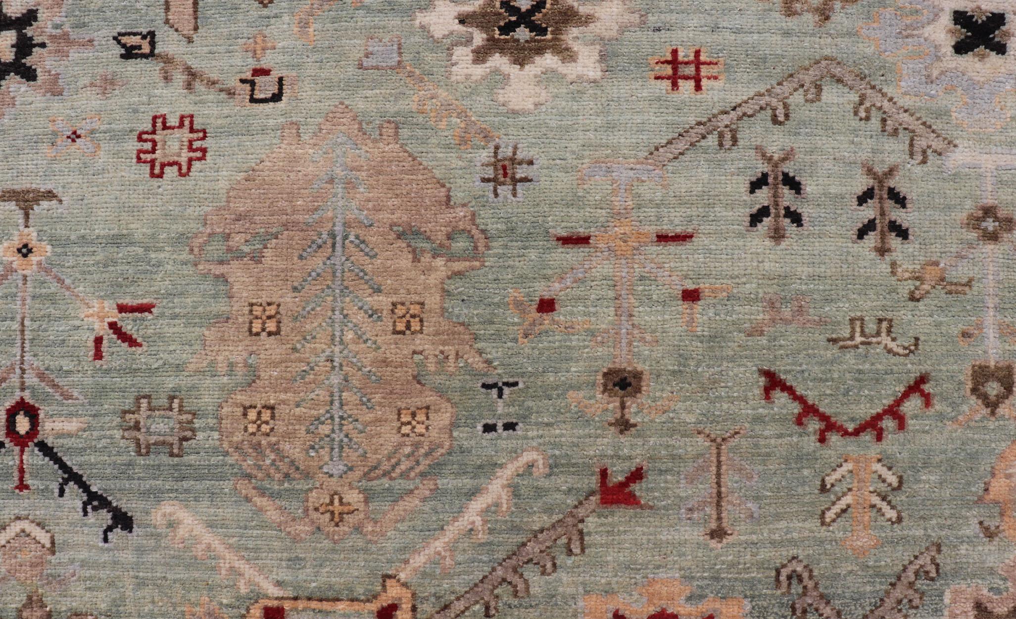 Tapis indien Oushak noué à la main en turquoise, crème et rouge 9'11 x 13'6 en vente 2