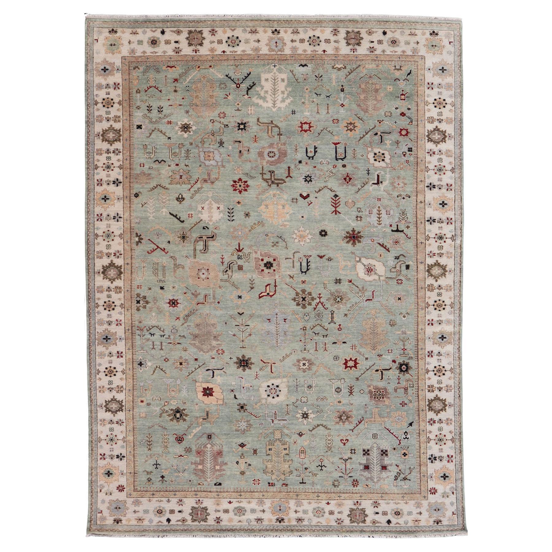 Tapis indien Oushak noué à la main en turquoise, crème et rouge 9'11 x 13'6