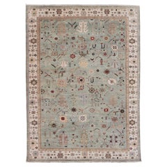 Indian Hand-Knotted Wool Oushak Rug in Turquoise, Cream, and Red 9'11 x 13'6