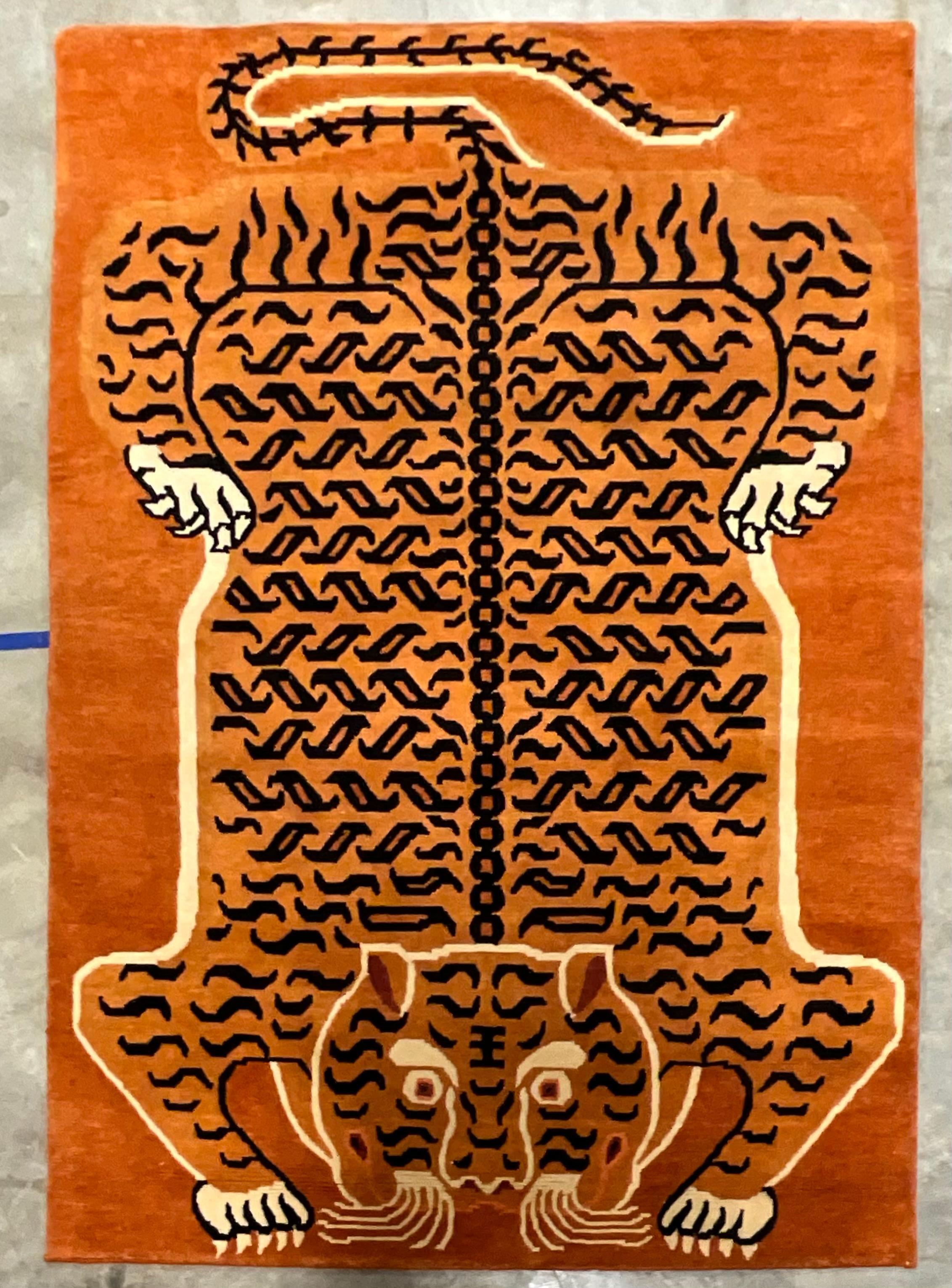 Chinese Export Indian Hand Knotted Wool Rug with Chinese Tiger Motif For Sale