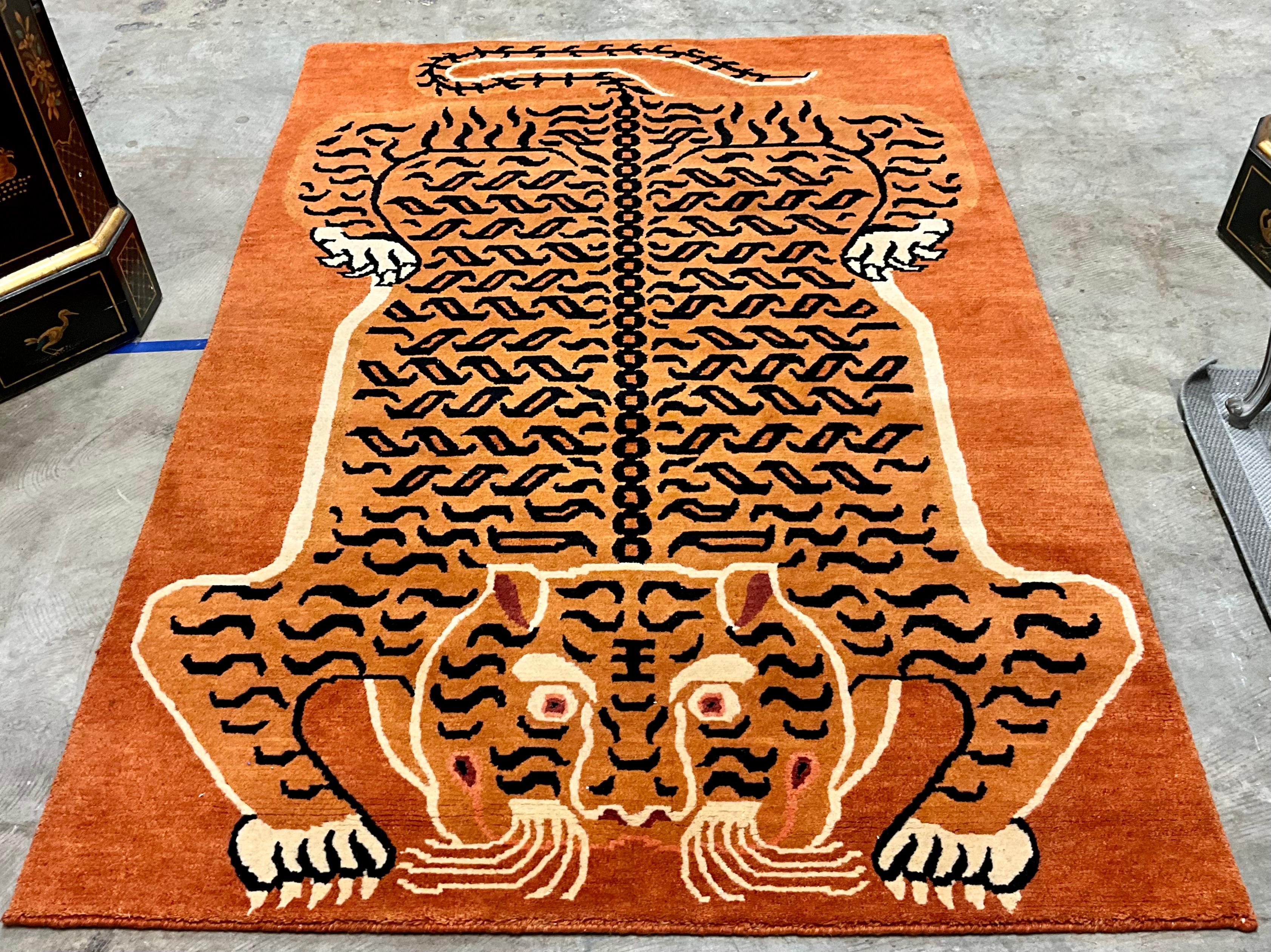 Contemporary Indian Hand Knotted Wool Rug with Chinese Tiger Motif For Sale