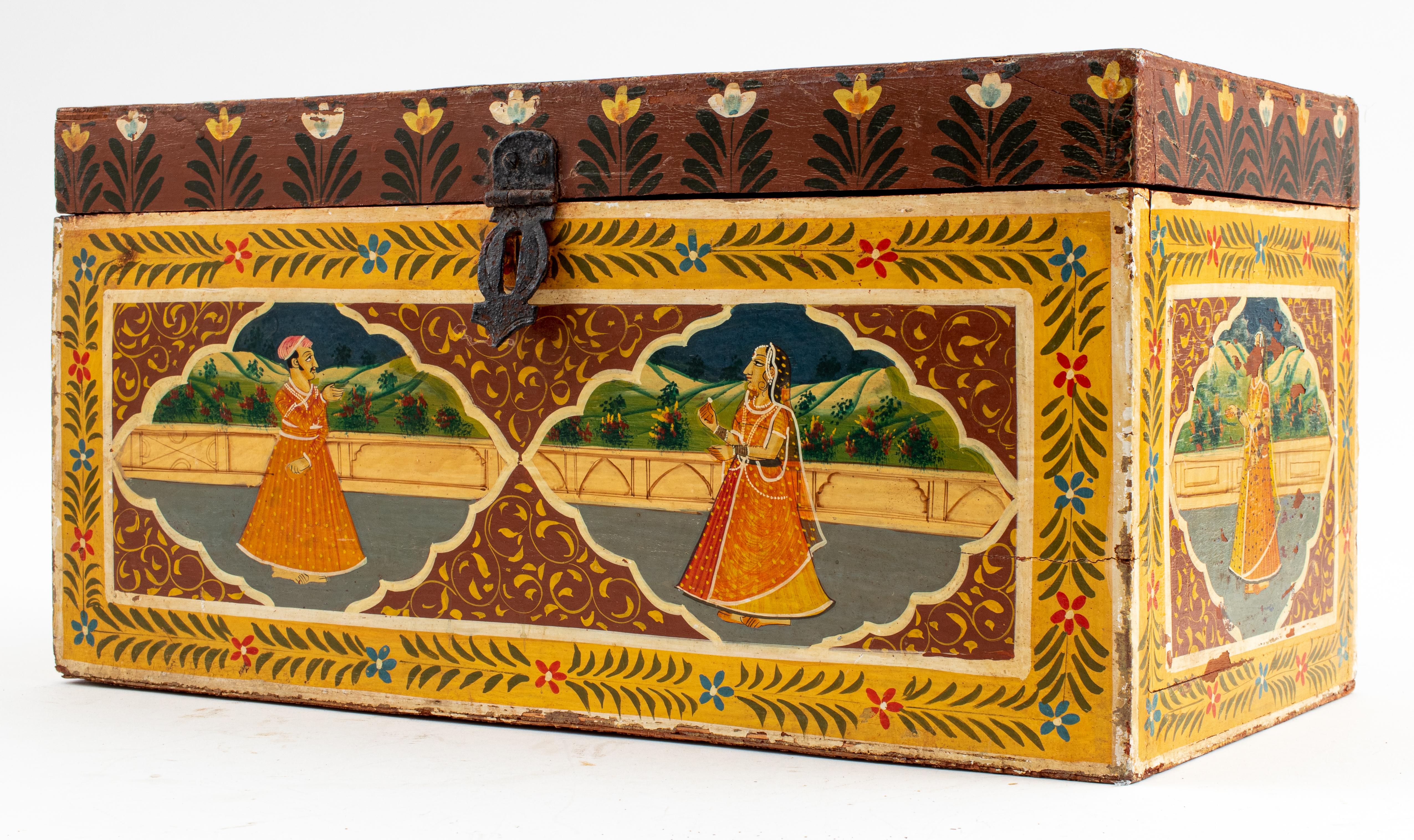Indian hand-painted wooden chest with scene of courtship.
Measures: 8.75