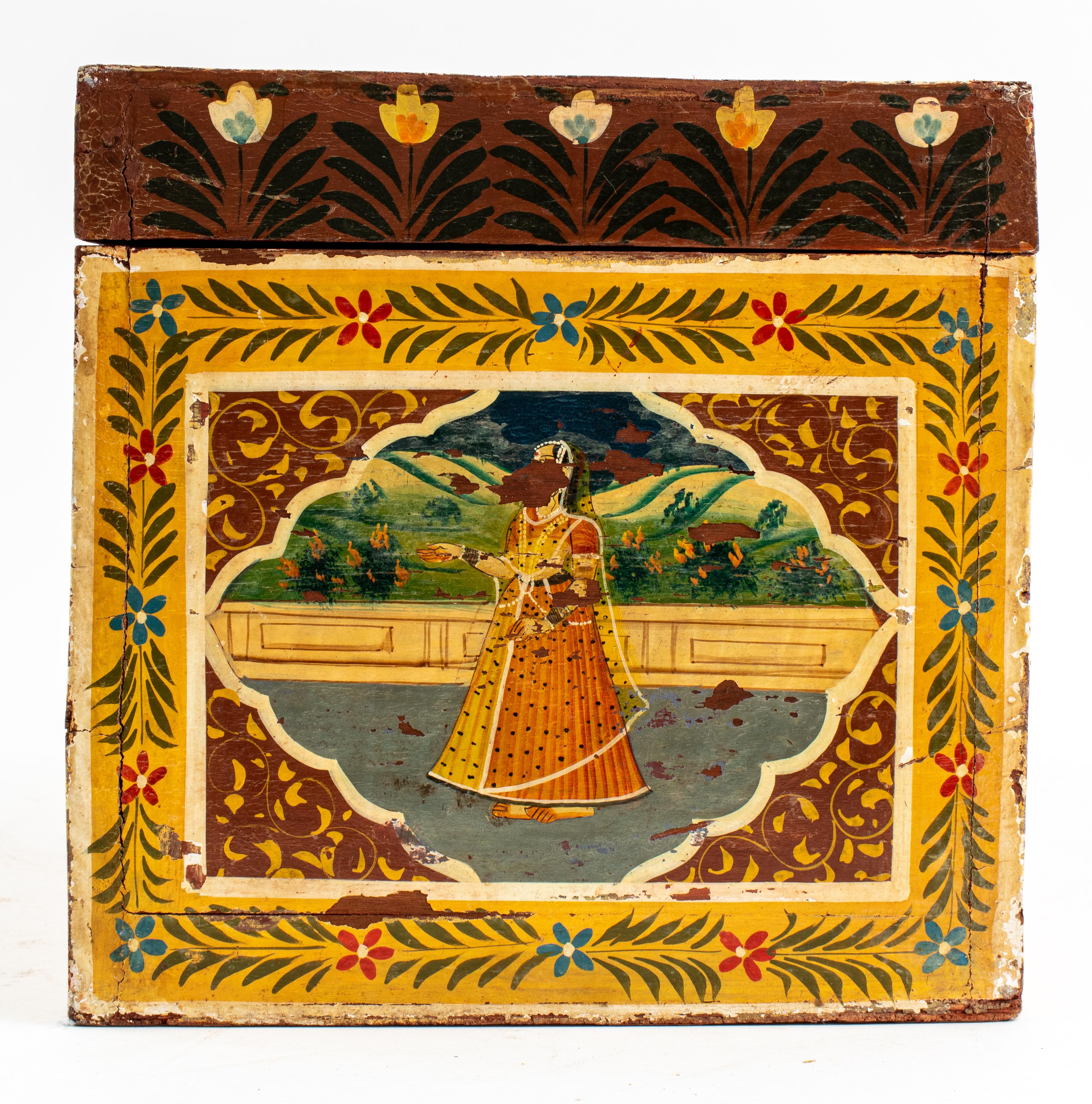 Indian Hand-Painted Chest w/ Courtship Scene In Good Condition For Sale In New York, NY