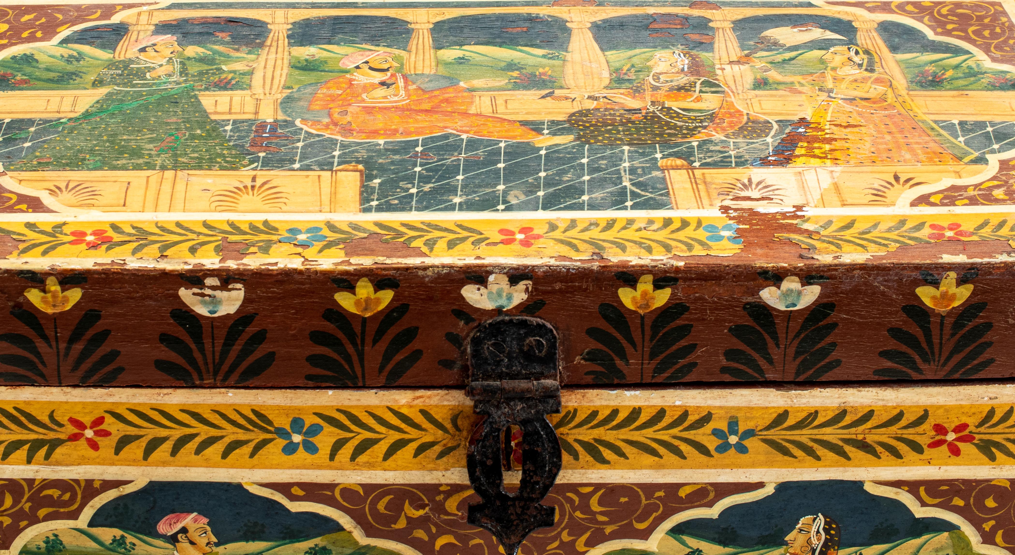 Wood Indian Hand-Painted Chest w/ Courtship Scene For Sale