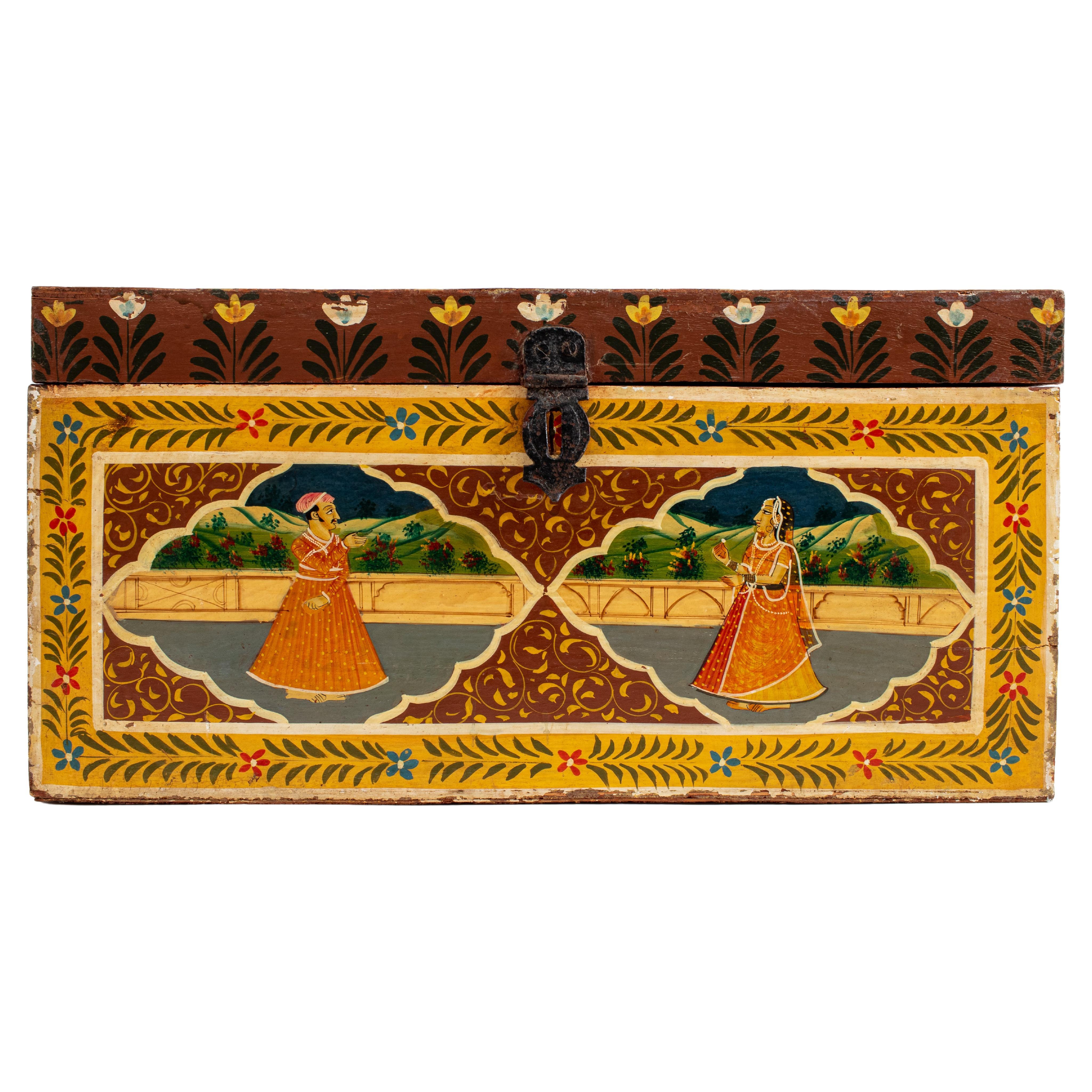 Indian Hand-Painted Chest w/ Courtship Scene For Sale