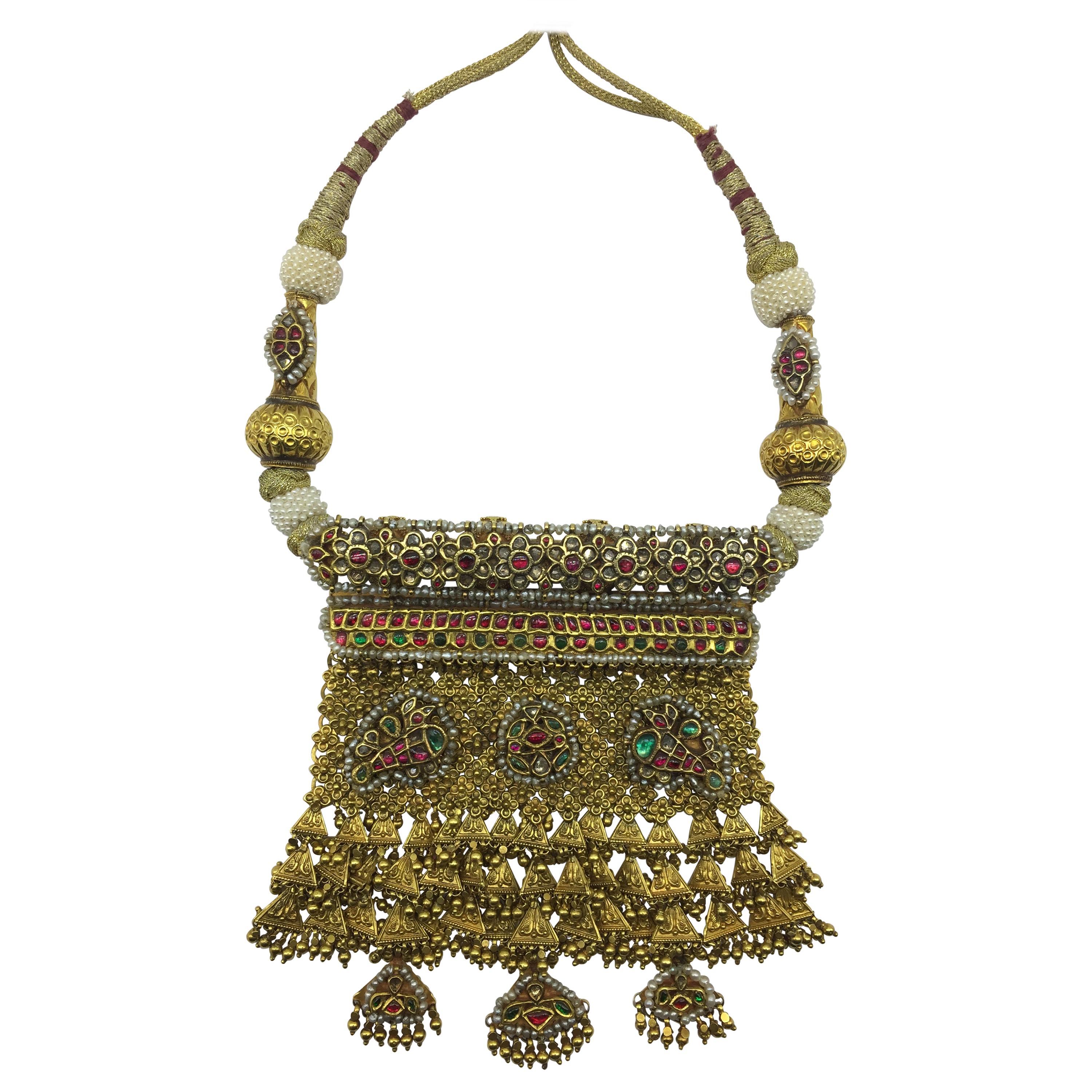 Indian Handcrafted Necklace in 22k Gold, Diamonds, Natural Pearls, Emerald, Ruby For Sale