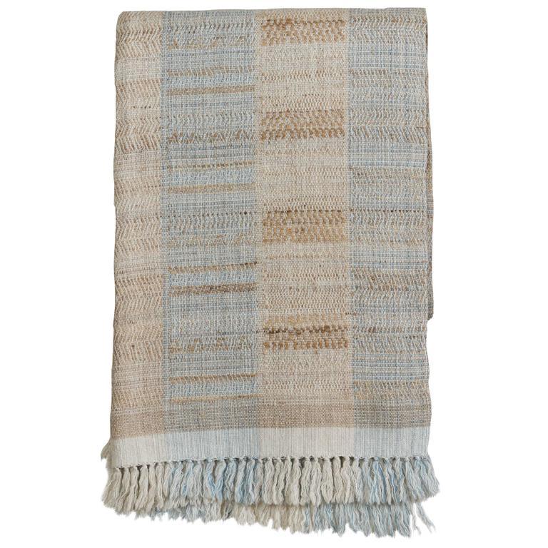 Hand-Woven Indian Handwoven Throw, Light Blue, Beige and Ivory, Wool and Raw Silk For Sale