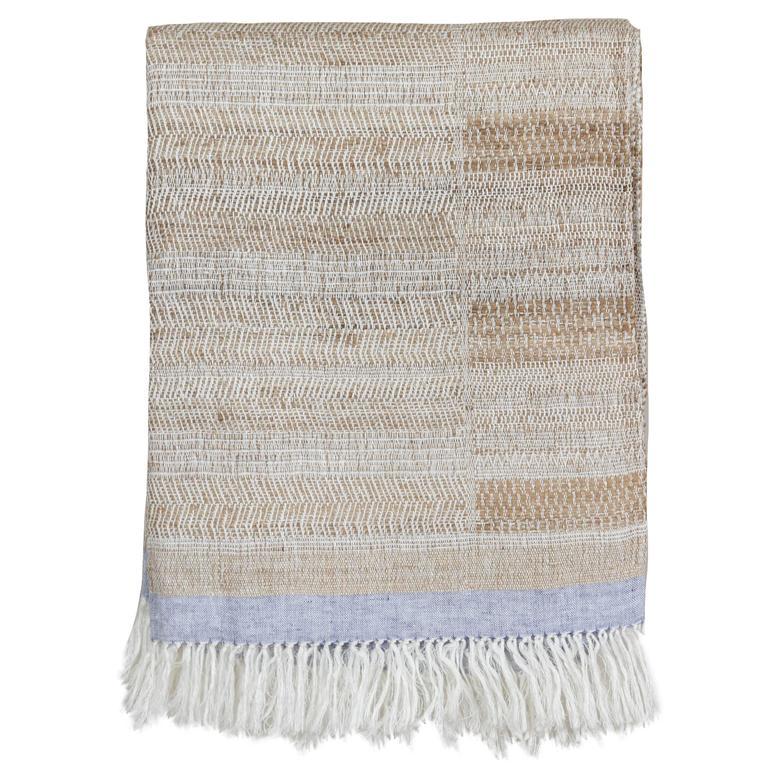 Indian Handwoven Throw Oatmeal, Ivory and Light Blue, Linen and Raw Silk In Excellent Condition For Sale In Los Angeles, CA