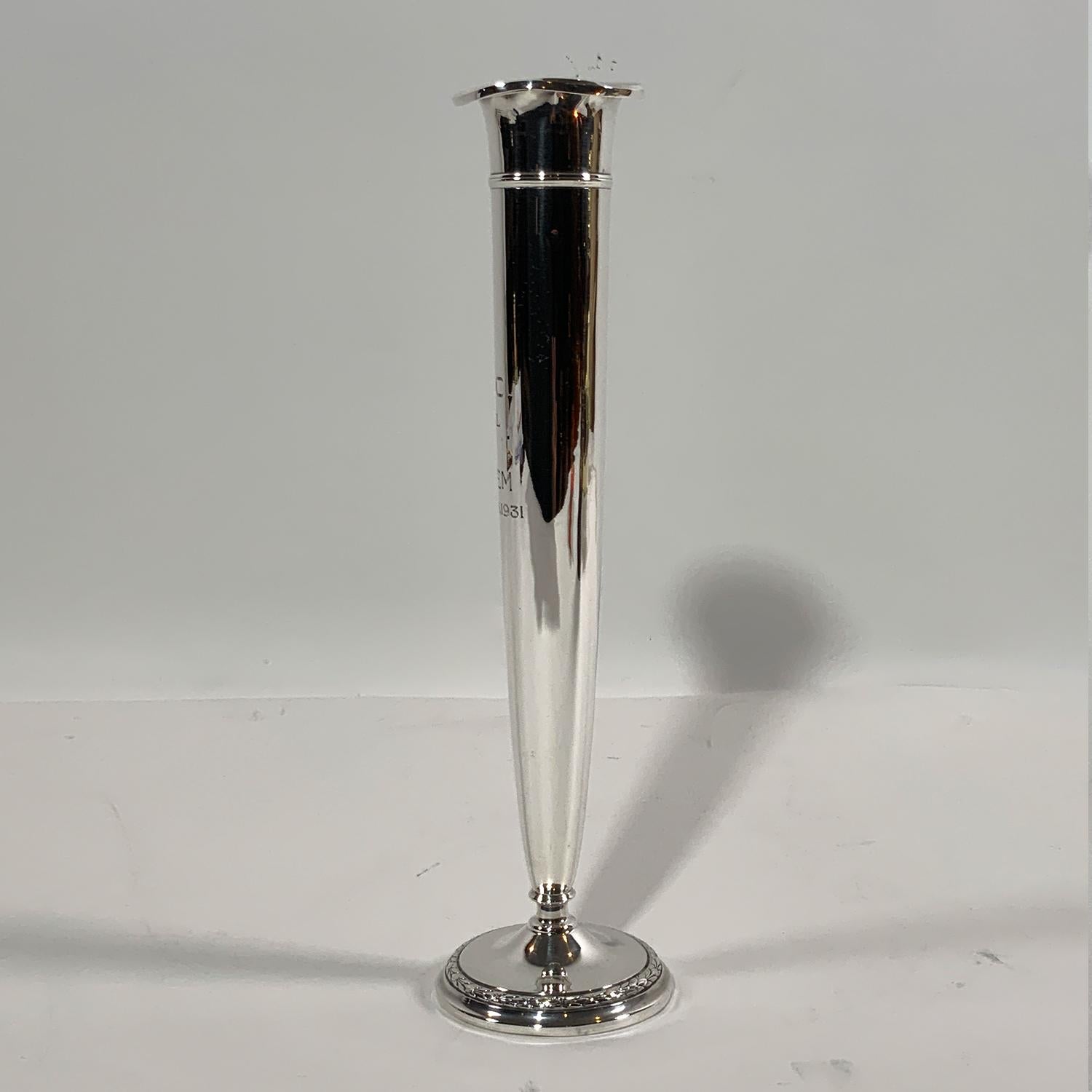 International sterling bud vase trophy from the famous Indian Harbor Yacht Club in Greenwich, Connecticut. Won by Sachem on August 13, 1931. Top rim has dings and is out of round but quite decorative and interesting. Sachem won the international