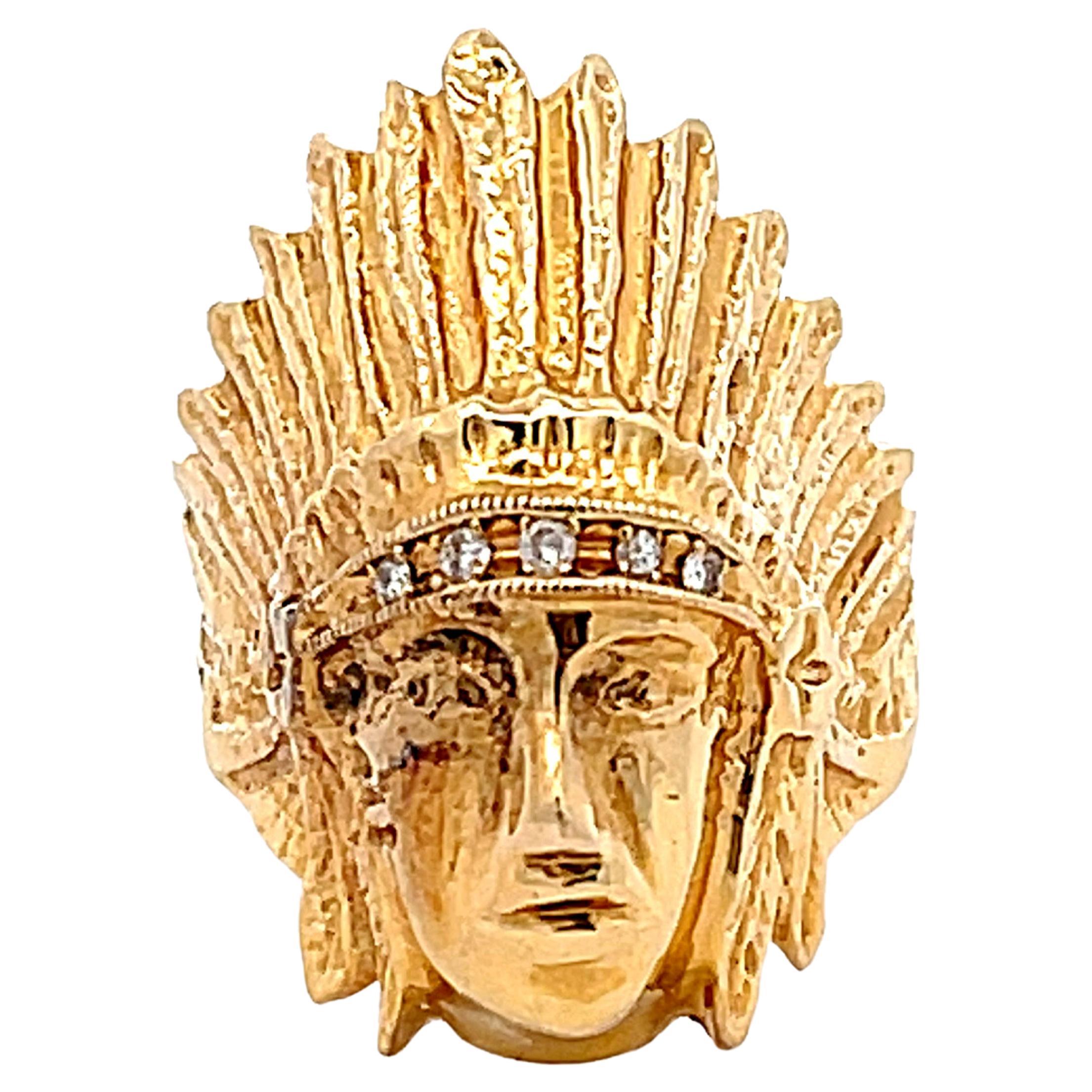 Indian Head Diamond Ring in 18k Yellow Gold For Sale