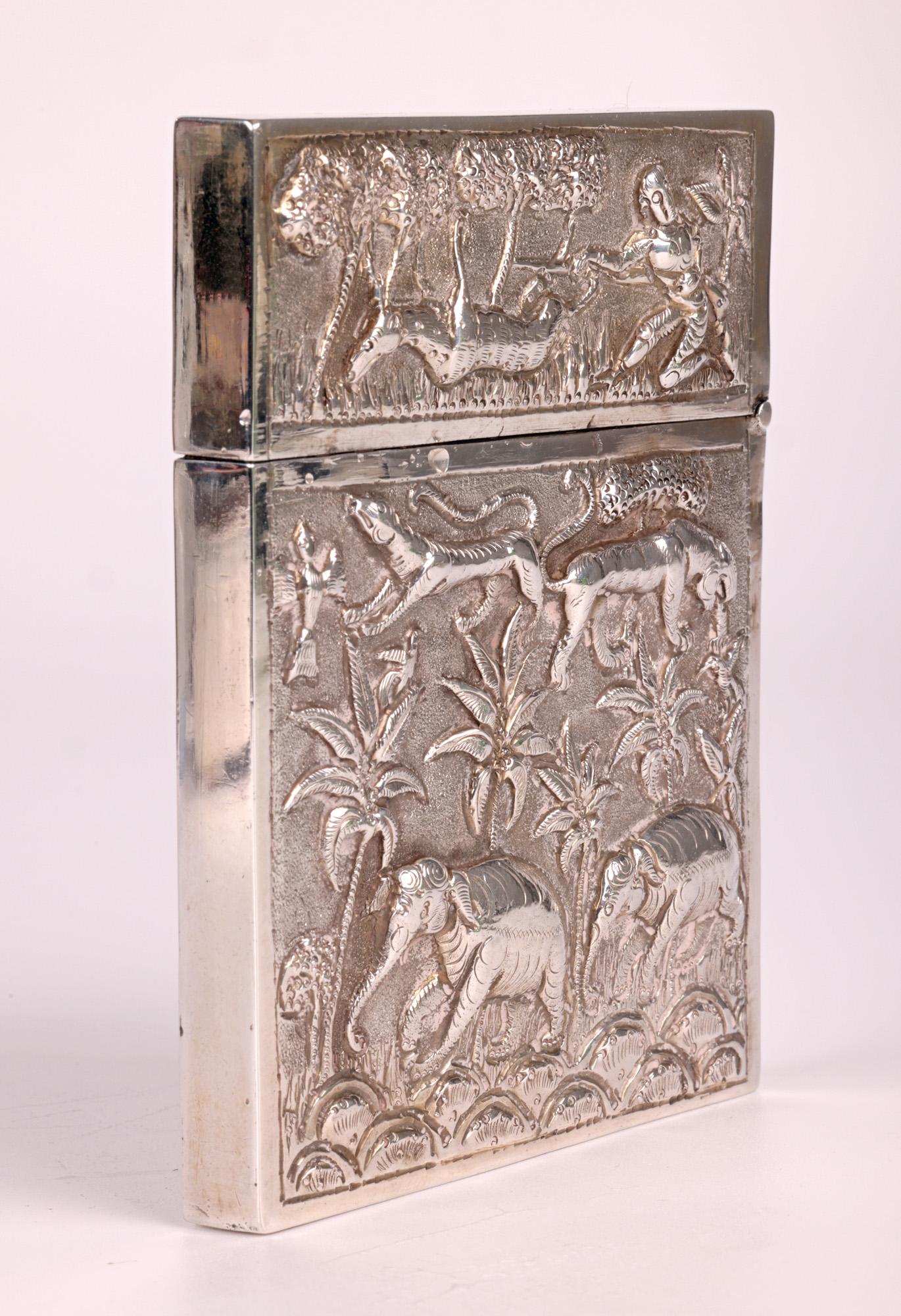 Indian Heavy Silver Antique Animal Repoussé Card Case For Sale 8