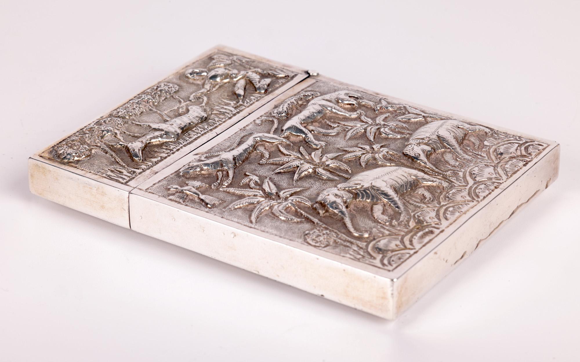 Indian Heavy Silver Antique Animal Repoussé Card Case For Sale 1