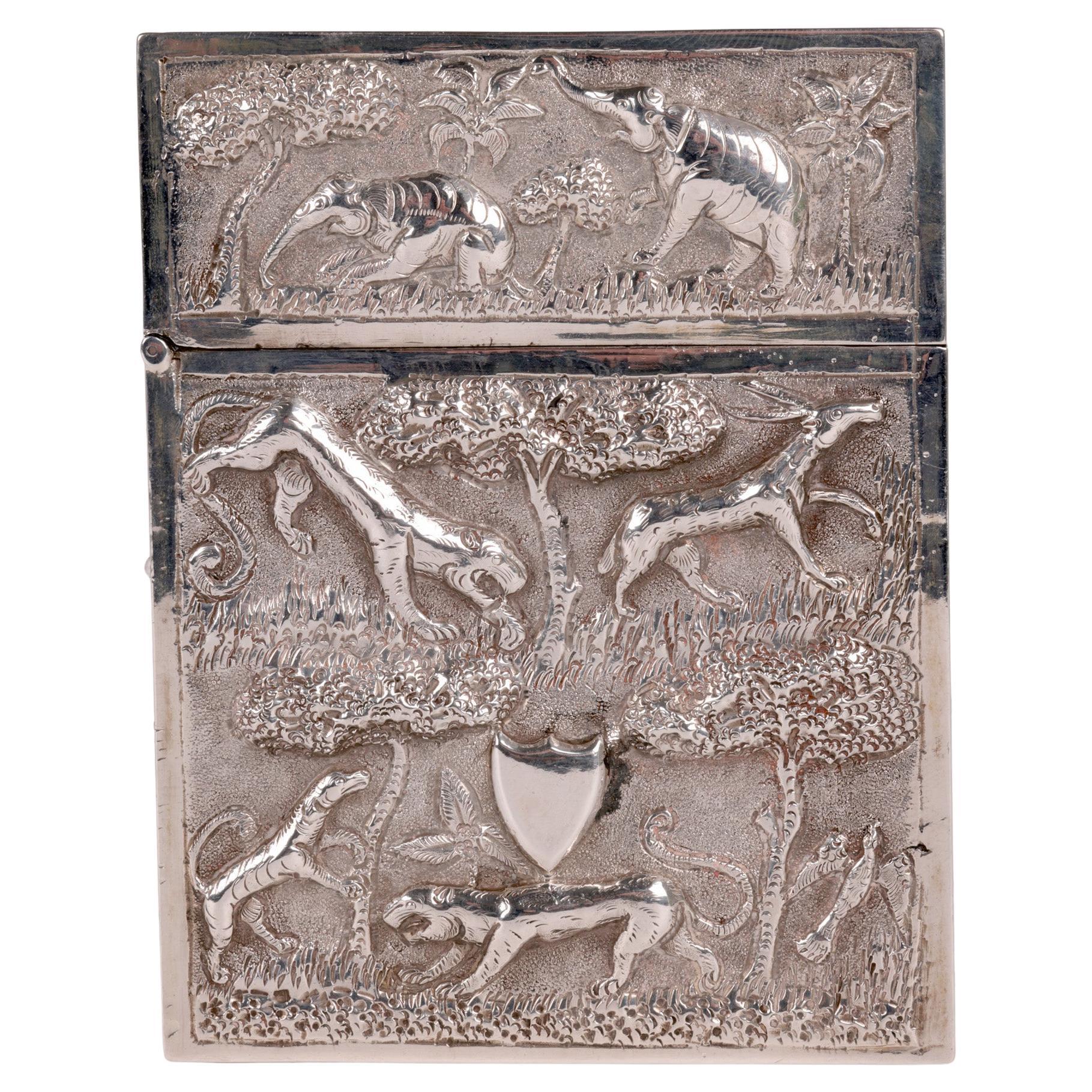Indian Heavy Silver Antique Animal Repoussé Card Case For Sale