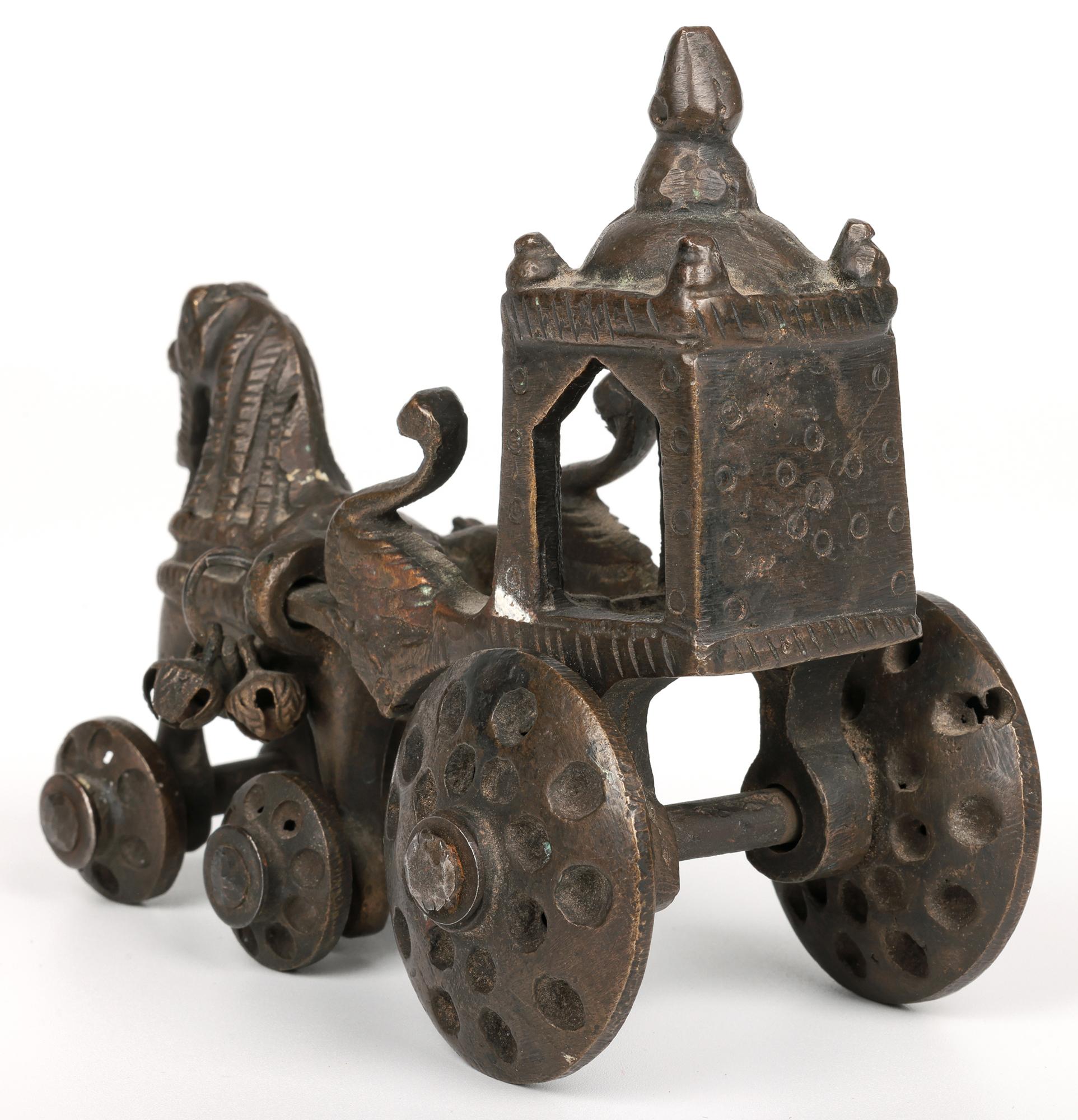 Indian Hindhu Bronze Horse Drawn Chariot on Wheels Temple Toy For Sale 4