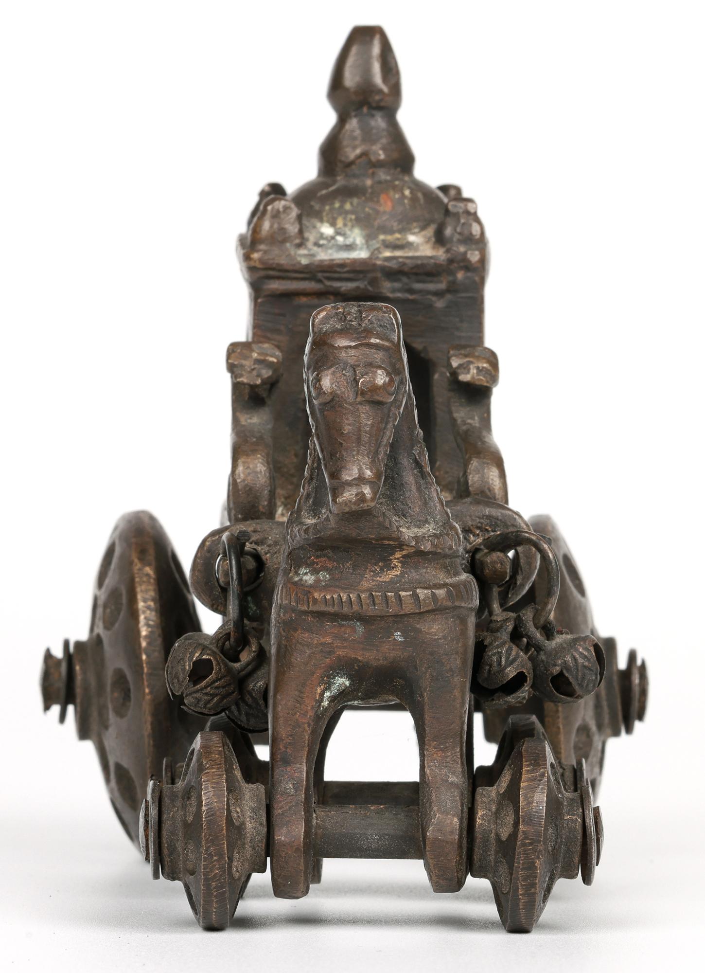 Indian Hindhu Bronze Horse Drawn Chariot on Wheels Temple Toy For Sale 5