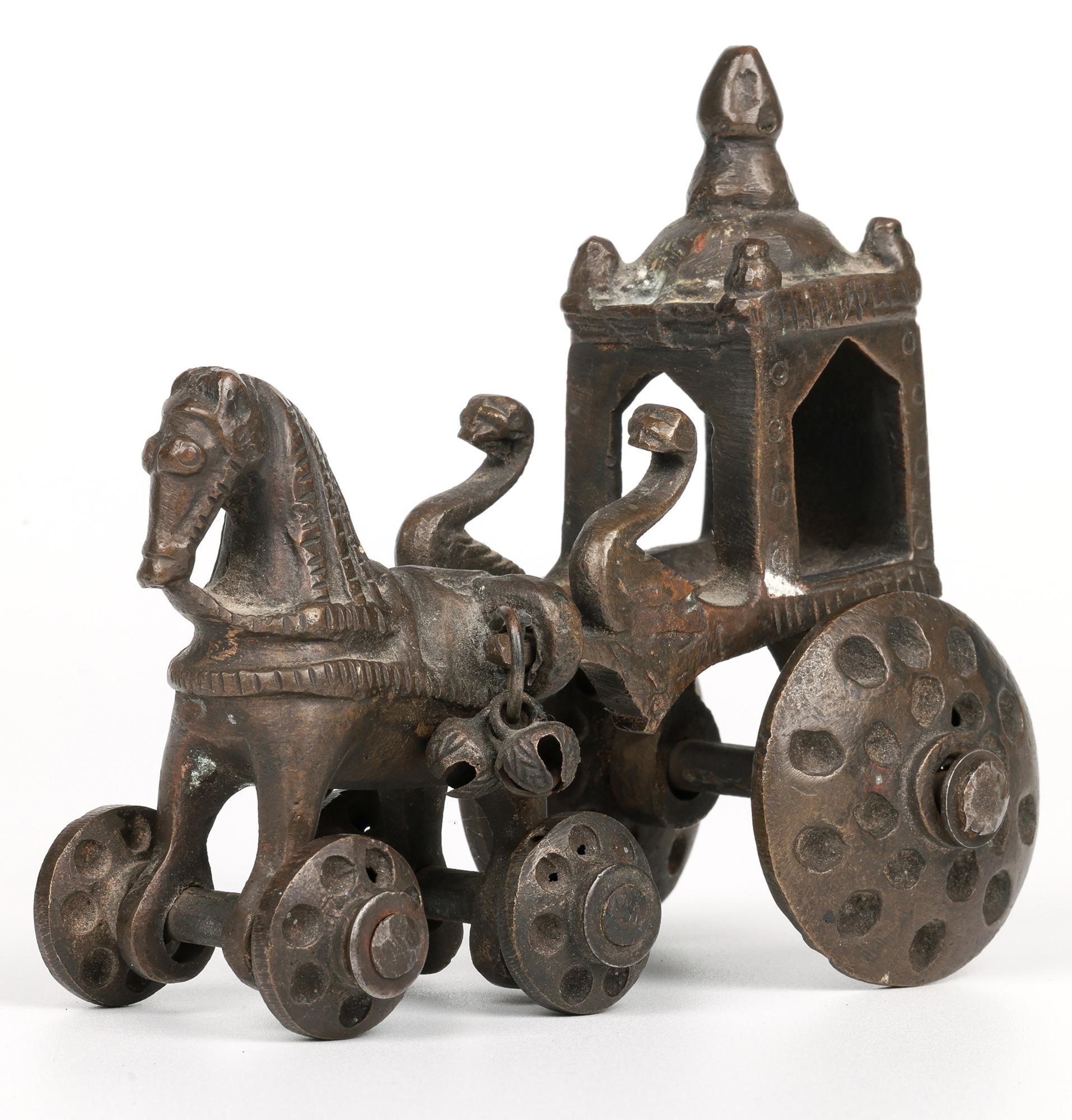 Indian Hindhu Bronze Horse Drawn Chariot on Wheels Temple Toy For Sale 7