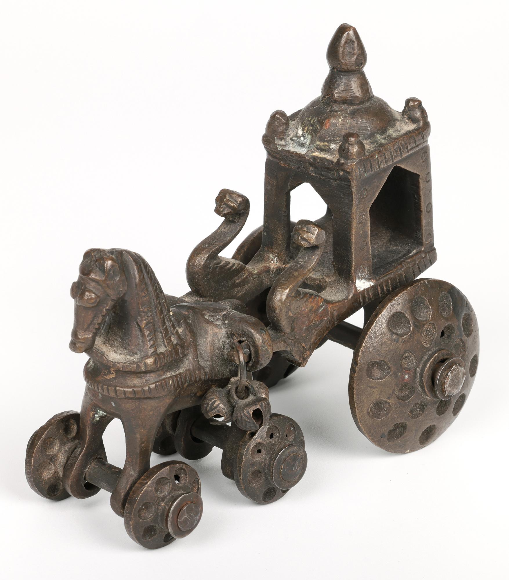 Indian Hindhu Bronze Horse Drawn Chariot on Wheels Temple Toy For Sale 9