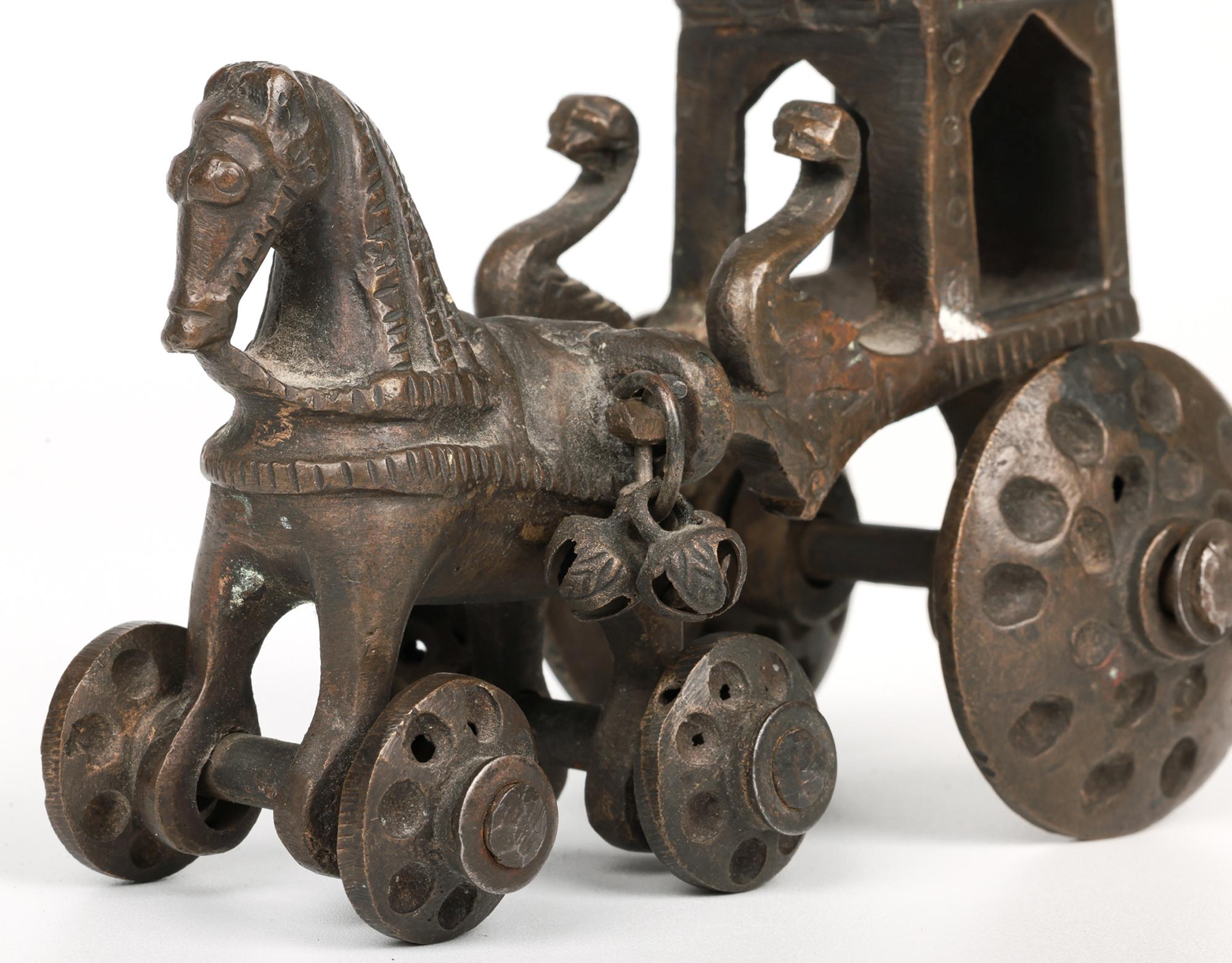Indian Hindhu Bronze Horse Drawn Chariot on Wheels Temple Toy For Sale 11