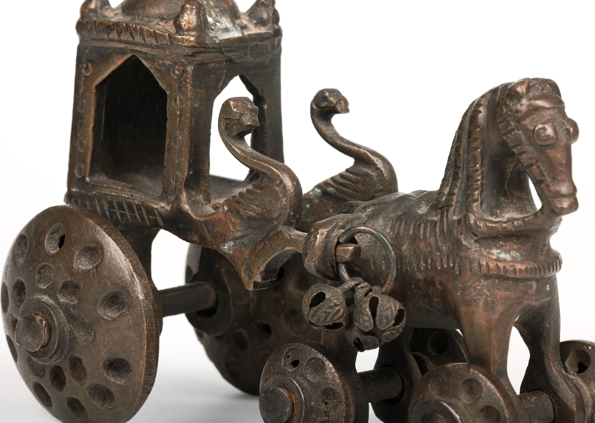Indian Hindhu Bronze Horse Drawn Chariot on Wheels Temple Toy For Sale 12