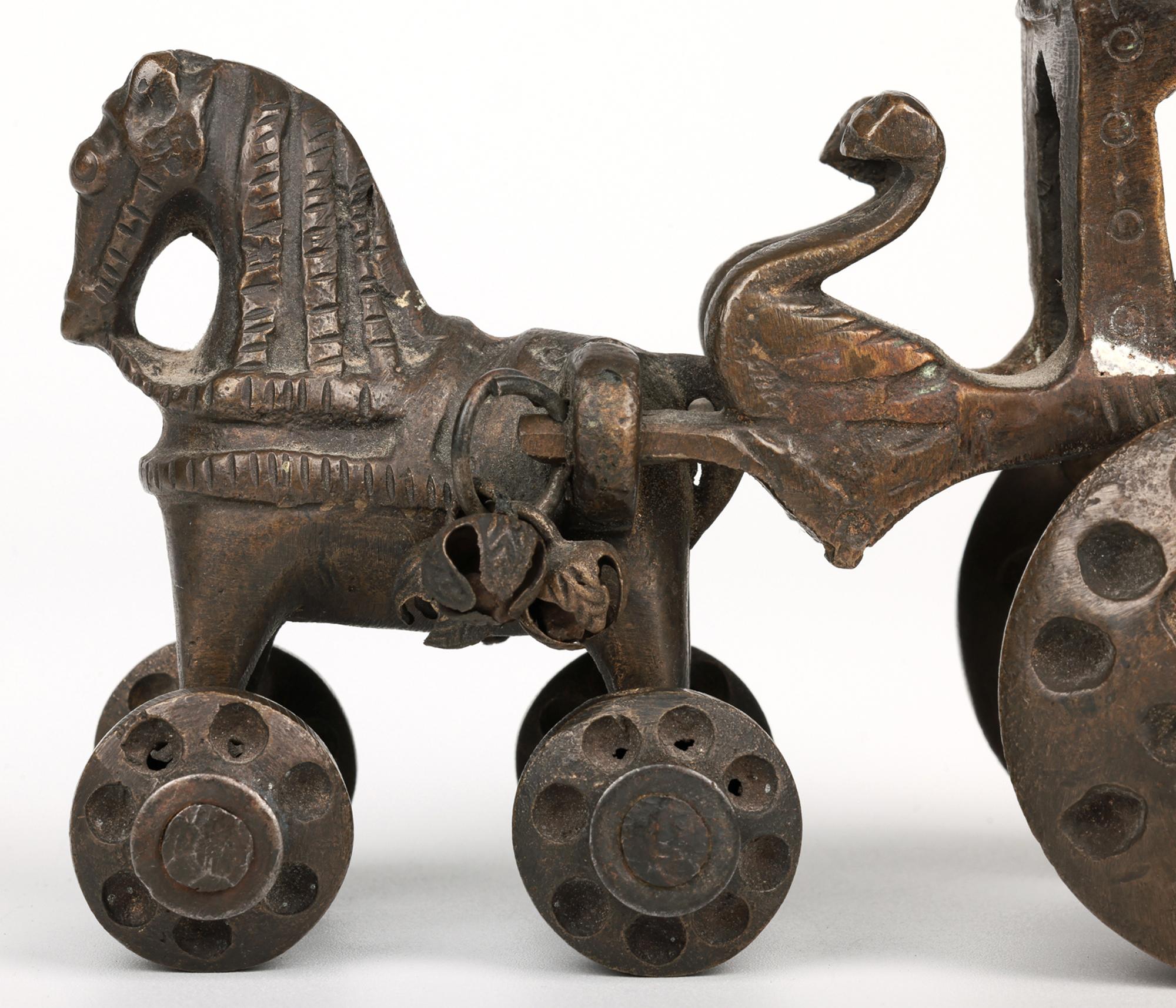 Indian Hindhu Bronze Horse Drawn Chariot on Wheels Temple Toy For Sale 14
