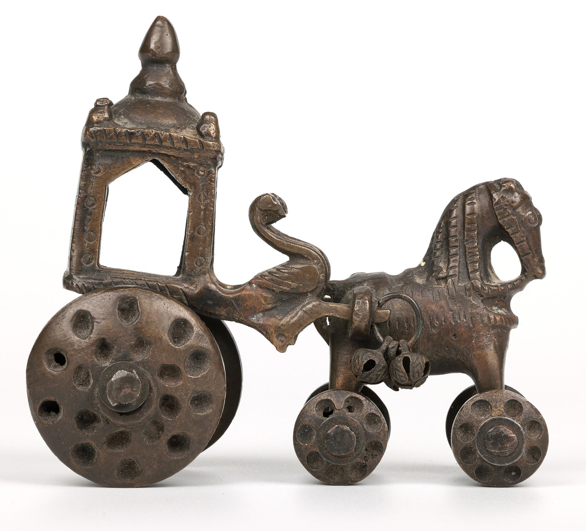 Anglo-Indian Indian Hindhu Bronze Horse Drawn Chariot on Wheels Temple Toy For Sale