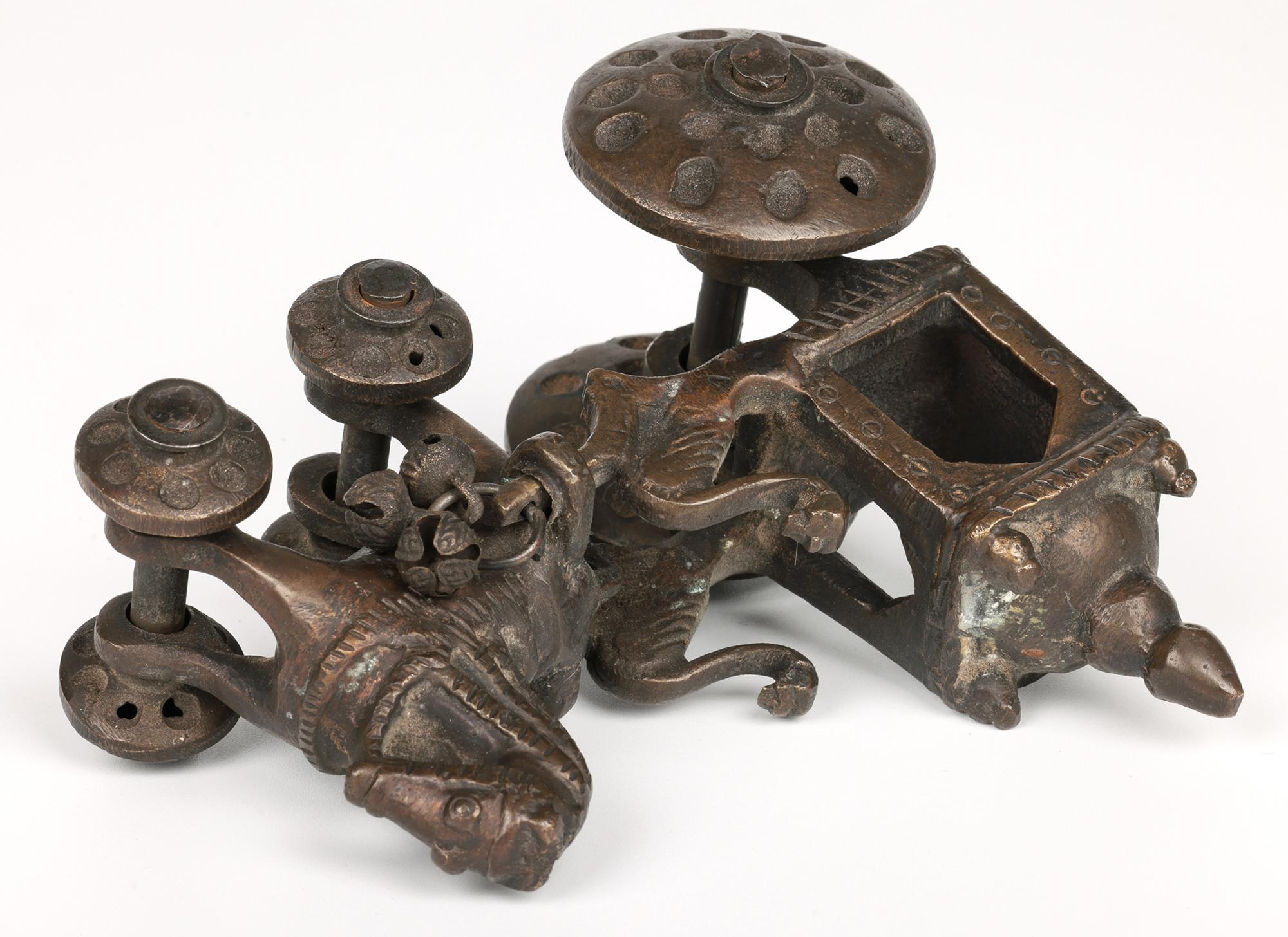 Hand-Crafted Indian Hindhu Bronze Horse Drawn Chariot on Wheels Temple Toy For Sale