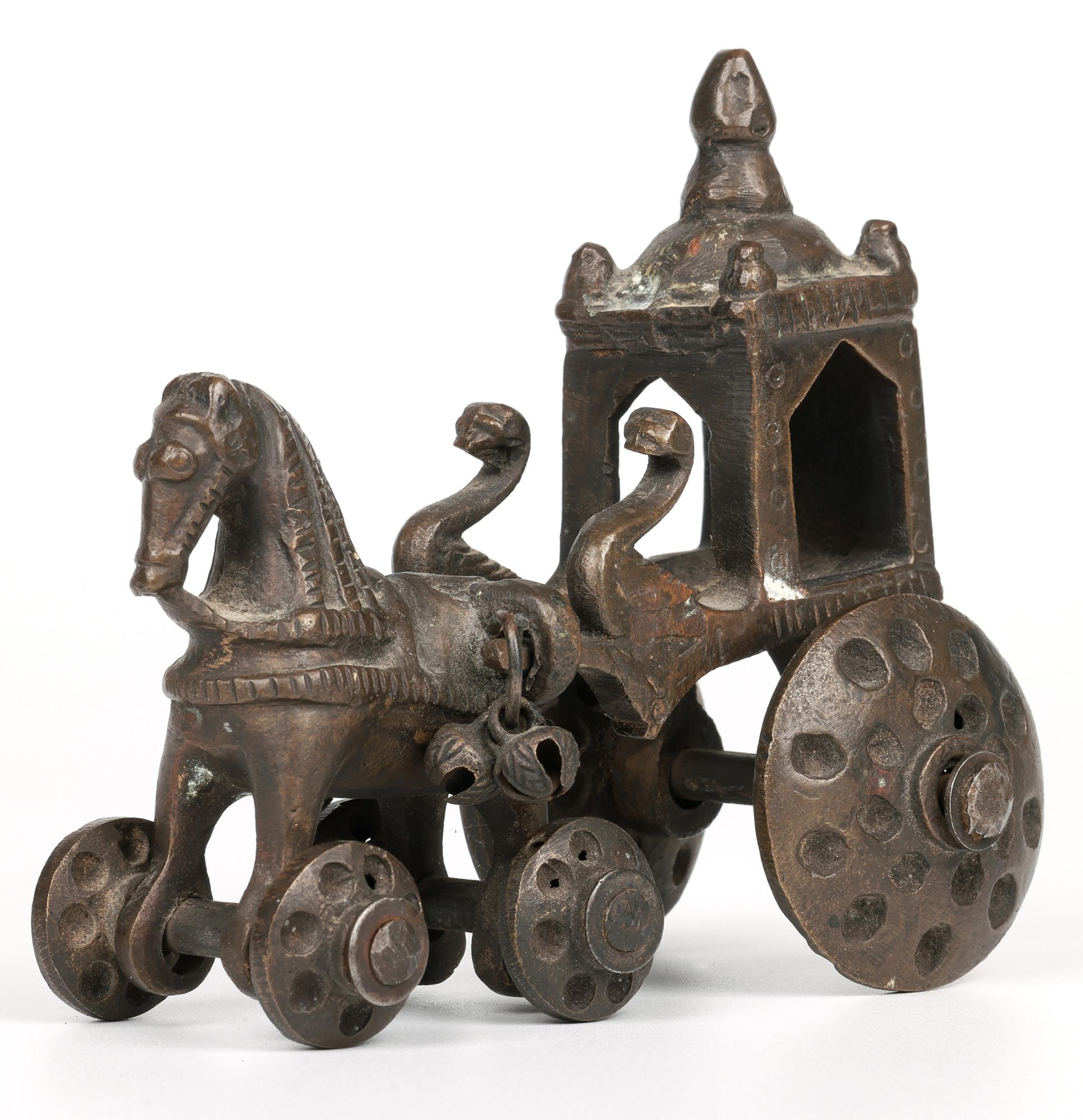 Indian Hindhu Bronze Horse Drawn Chariot on Wheels Temple Toy In Good Condition For Sale In Bishop's Stortford, Hertfordshire