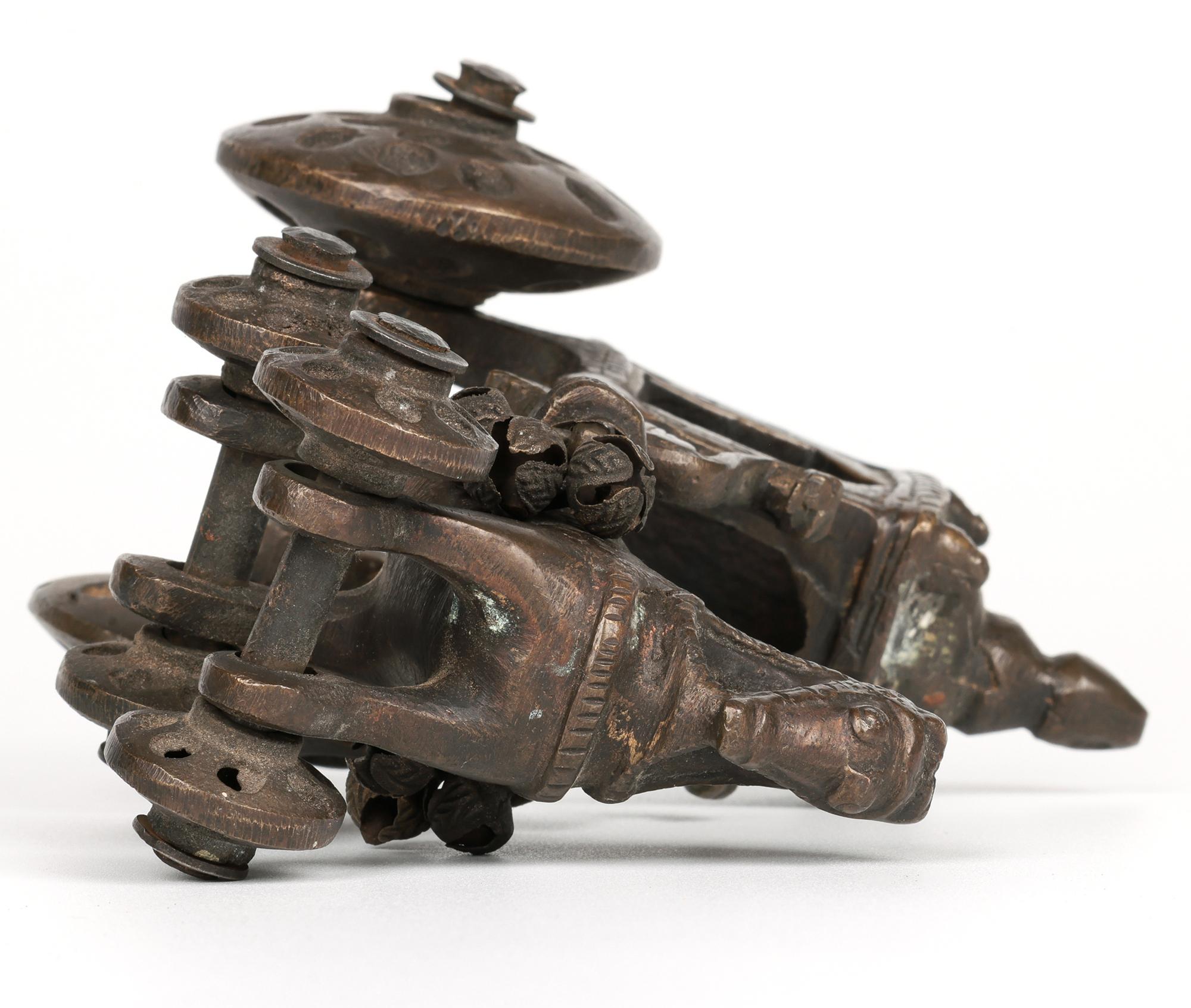 19th Century Indian Hindhu Bronze Horse Drawn Chariot on Wheels Temple Toy For Sale