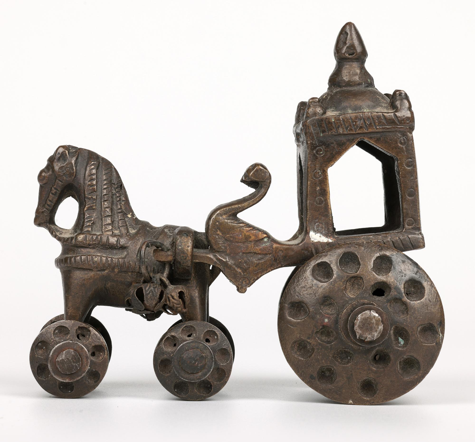 Indian Hindhu Bronze Horse Drawn Chariot on Wheels Temple Toy For Sale 1