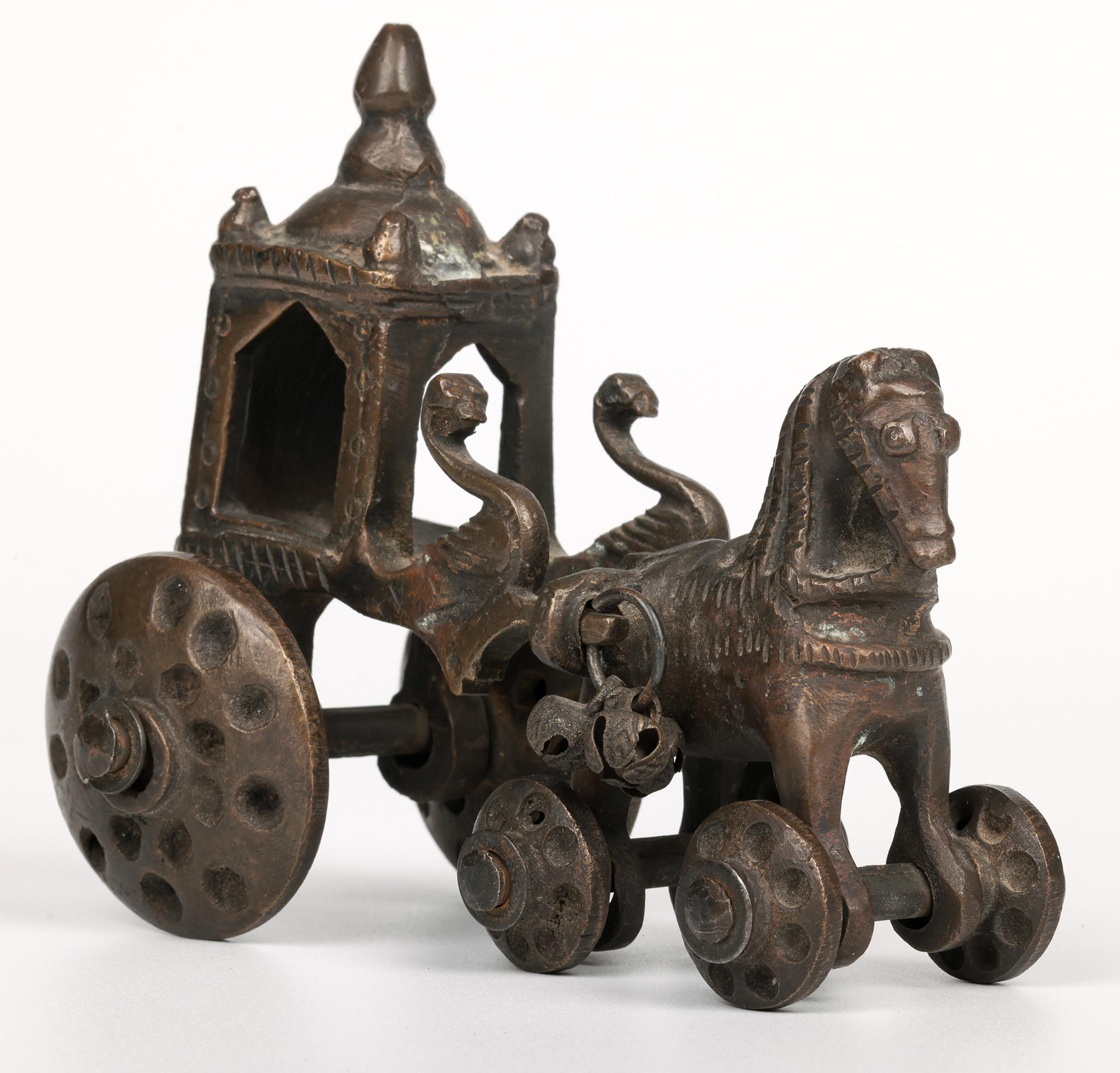 Indian Hindhu Bronze Horse Drawn Chariot on Wheels Temple Toy For Sale 2