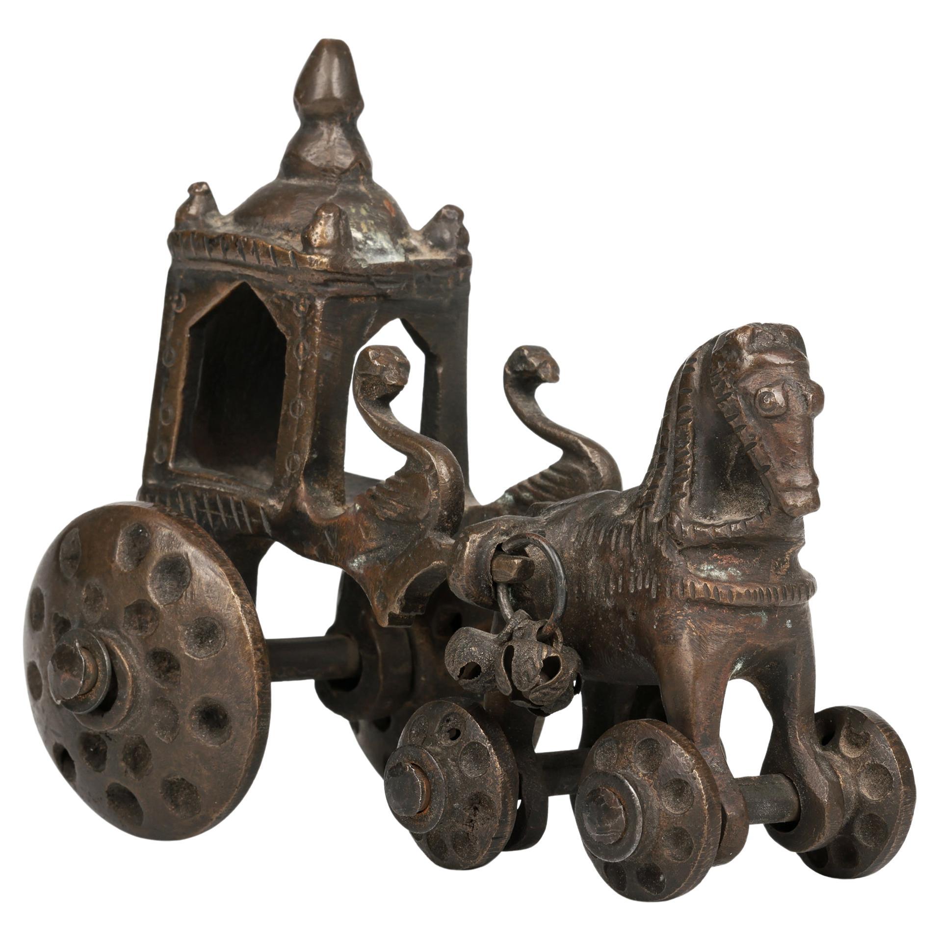 Indian Hindhu Bronze Horse Drawn Chariot on Wheels Temple Toy For Sale