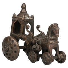 Indian Hindhu Bronze Horse Drawn Chariot on Wheels Temple Toy