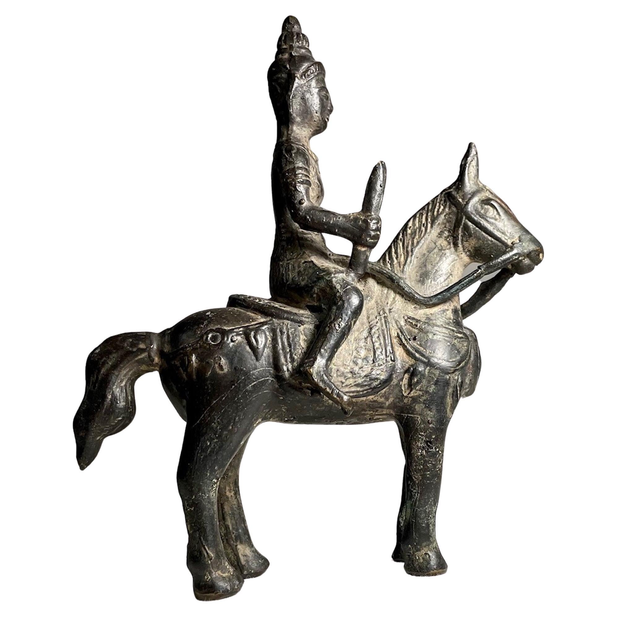Indian Hindu bronze sculpture of Khandoba 17th/18th century

The bronze figure on horseback represents the most popular
Hindu deity Khandoba, an avatar of Shiva. He is the patron deity
of warriors. The small but magnificent sculpture is cast in