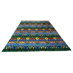 Indian Ikat Sari Silk 9x11 Green & Multicolored Handmade Area Rug
